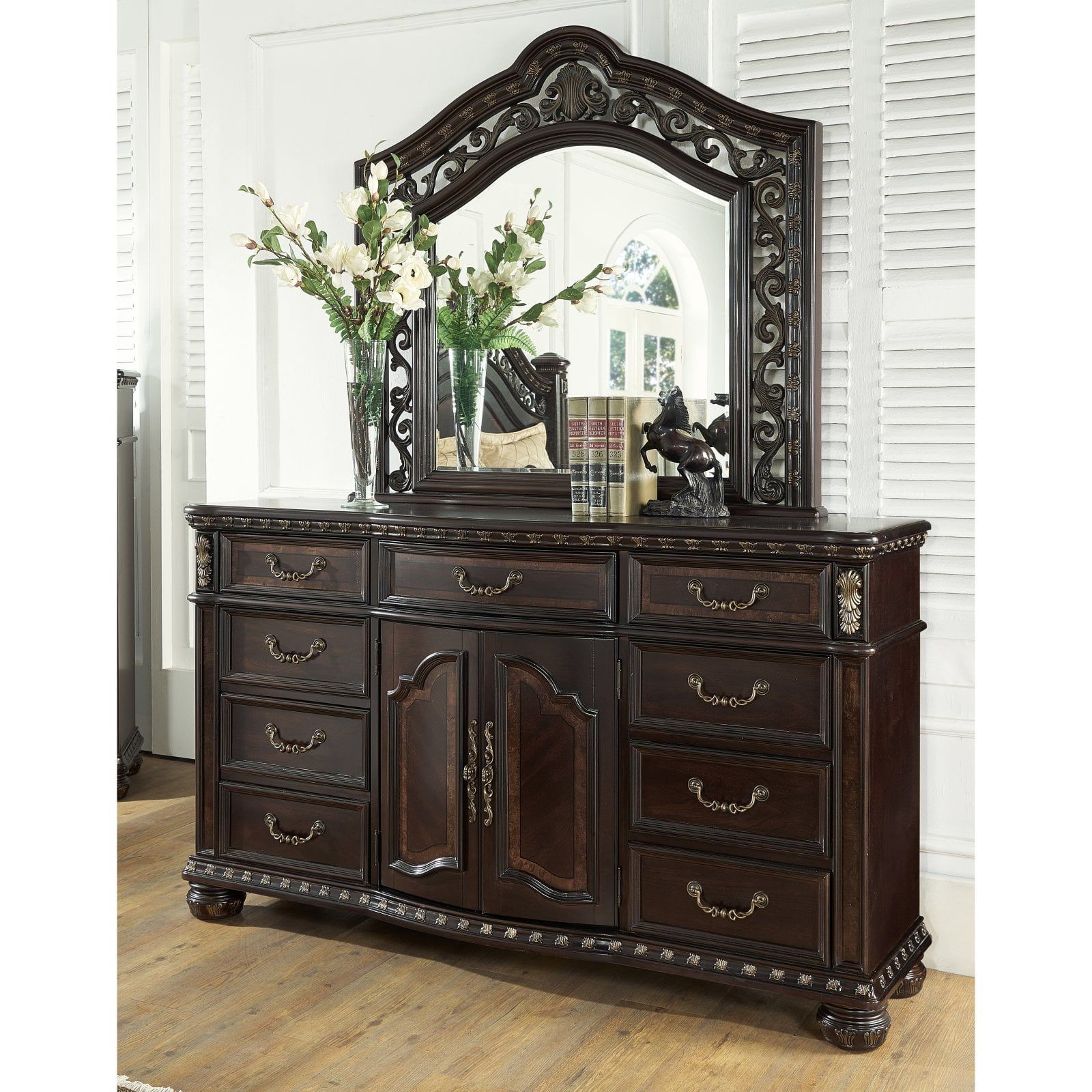 Cocoa Finish Farmhouse 9-Drawer Dresser with Elegant Mirror