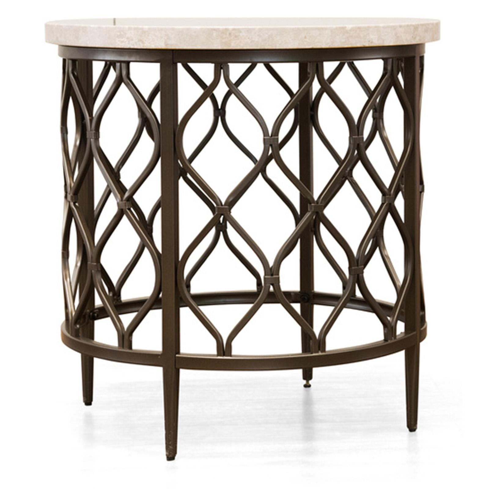 24" Transitional Round Stone Top End Table with Bronze Metal Base