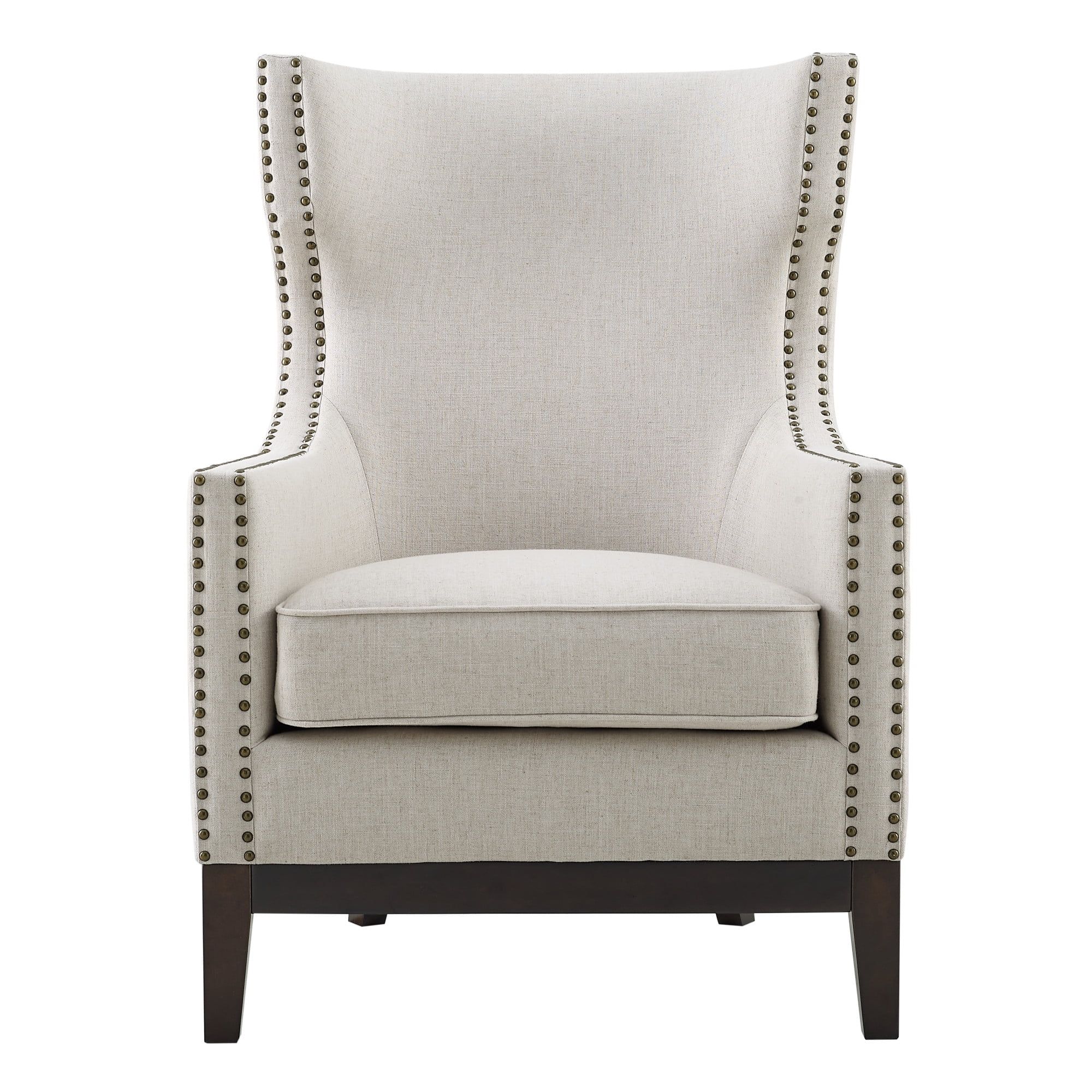 Beige Linen Wing-Back Accent Chair with Nailhead Trim