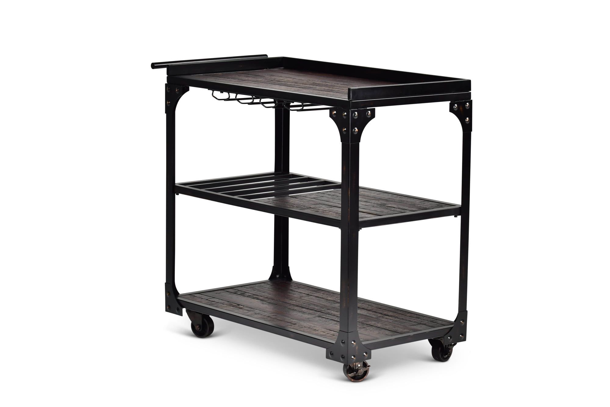 Rustic Black and Brown Wood Server Cart with Wine Rack