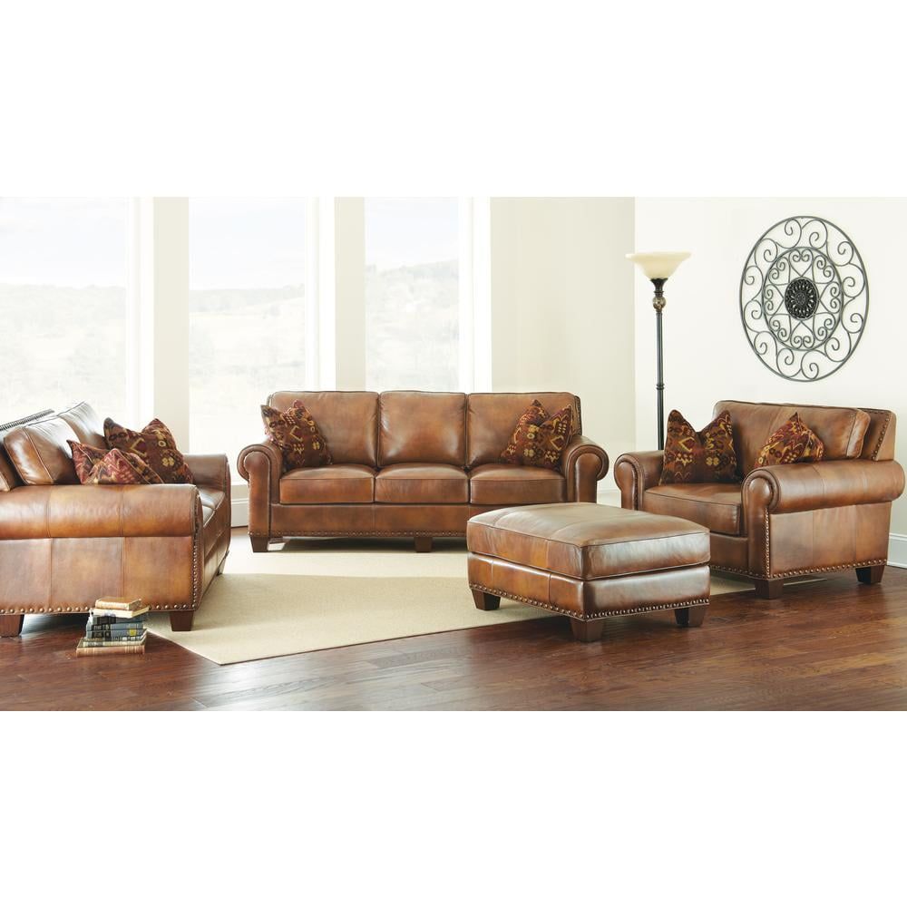 Camel Brown Leather and Wood Traditional Accent Chair