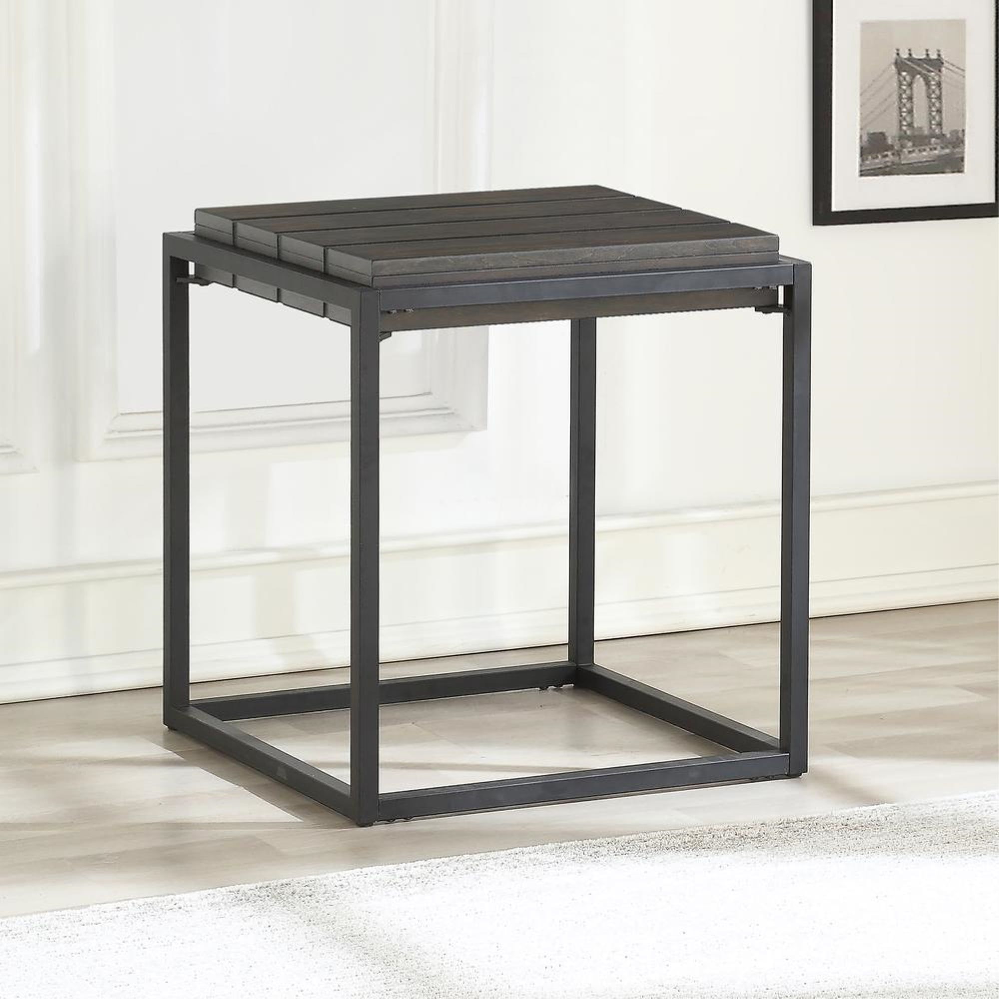 Tekoa Contemporary Walnut and Dark Grey Square Metal End Table