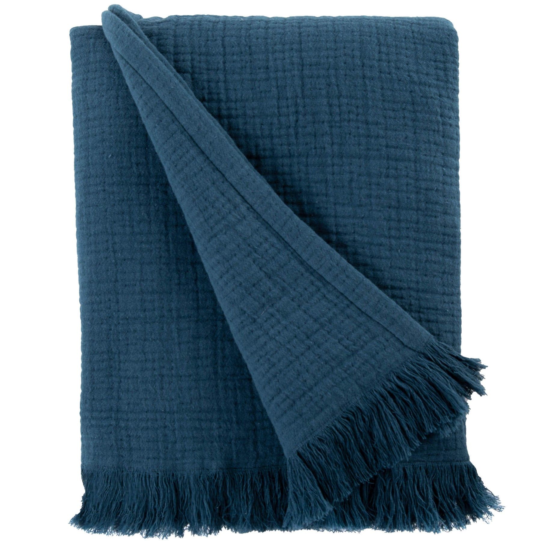 Blue Cotton Muslin Throw Blanket with Fringe, 50x60 in