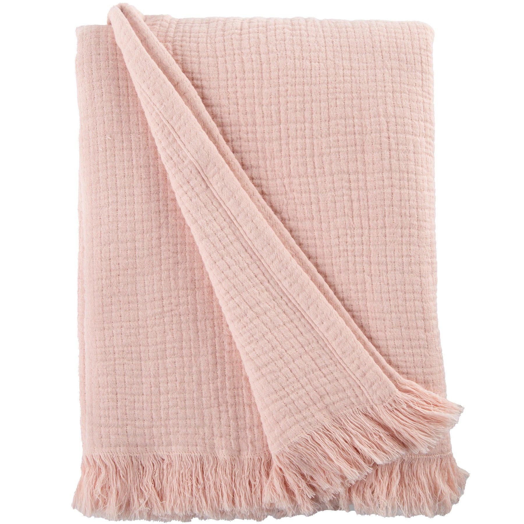 Blush Pink Cotton Muslin Throw Blanket with Fringe, 50x60 in