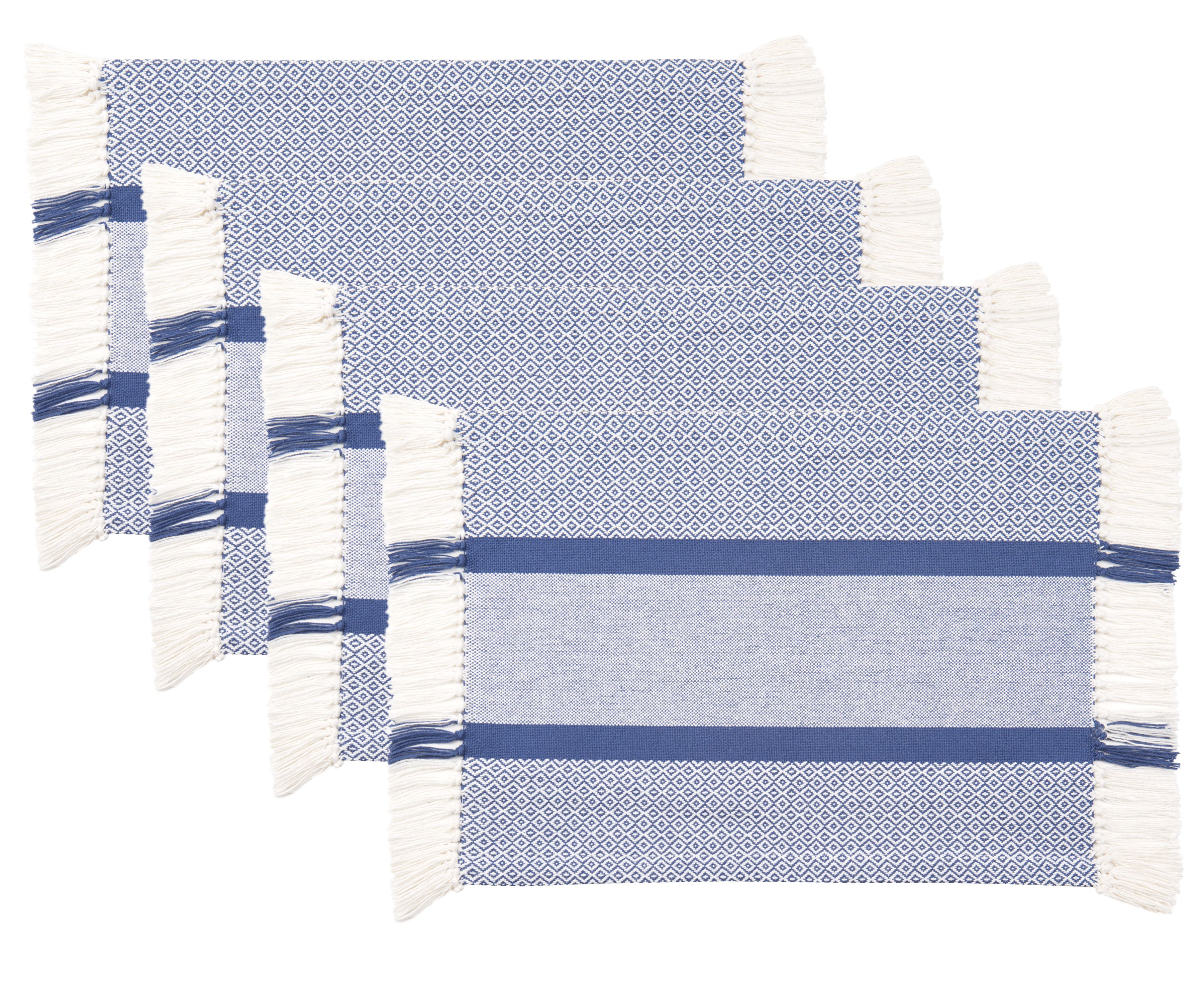 Blue Boho Cotton Woven Rectangular Placemats with Fringe, 14x19 in, Set of 4