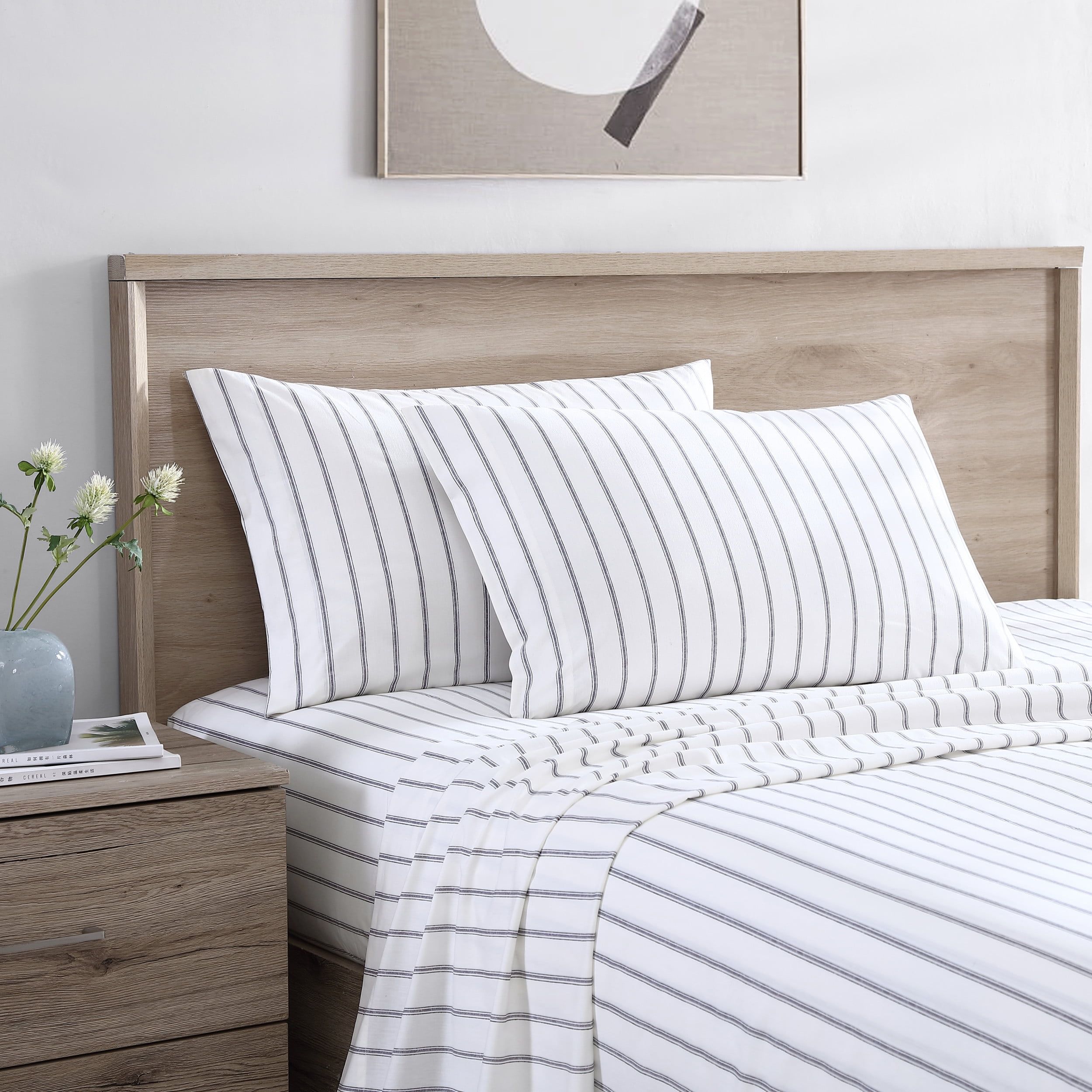 Gray and White Striped Cotton Percale Queen Sheet Set