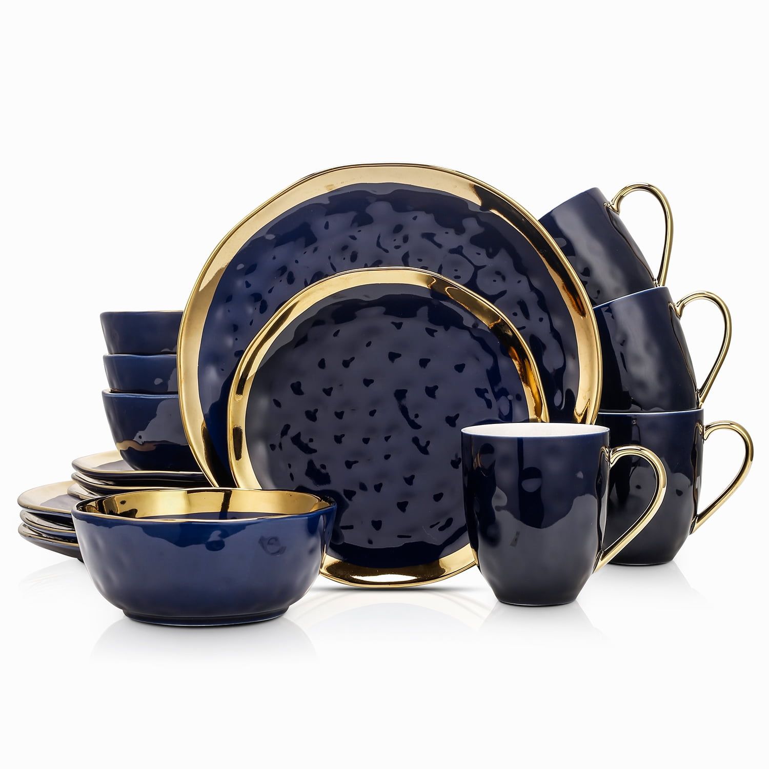 Navy Blue and Gold Porcelain 16-Piece Dinnerware Set