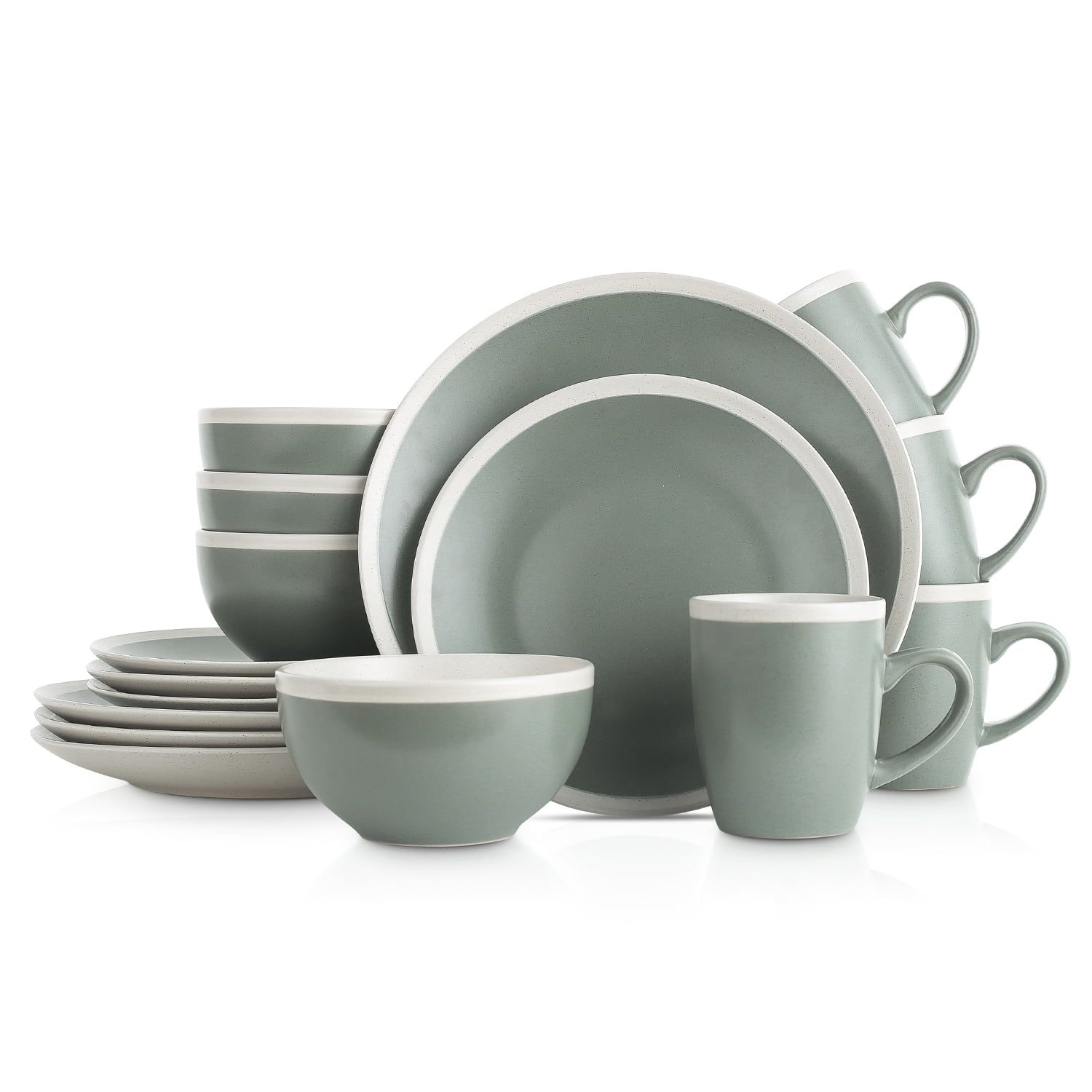 Green and Cream Ceramic 16-Piece Dinnerware Set with Edge Embellishment