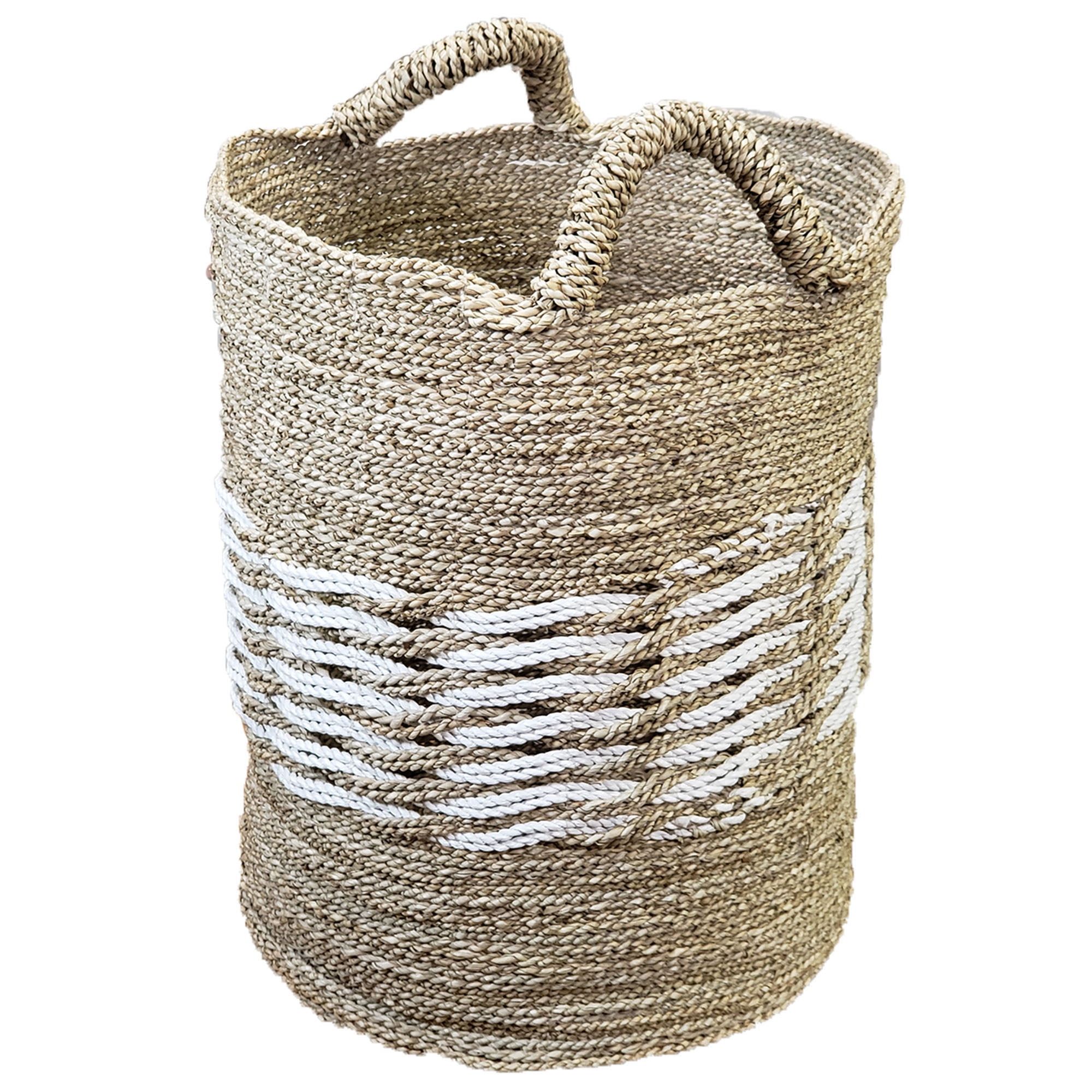 19" Beige and White Handwoven Seagrass Storage Basket