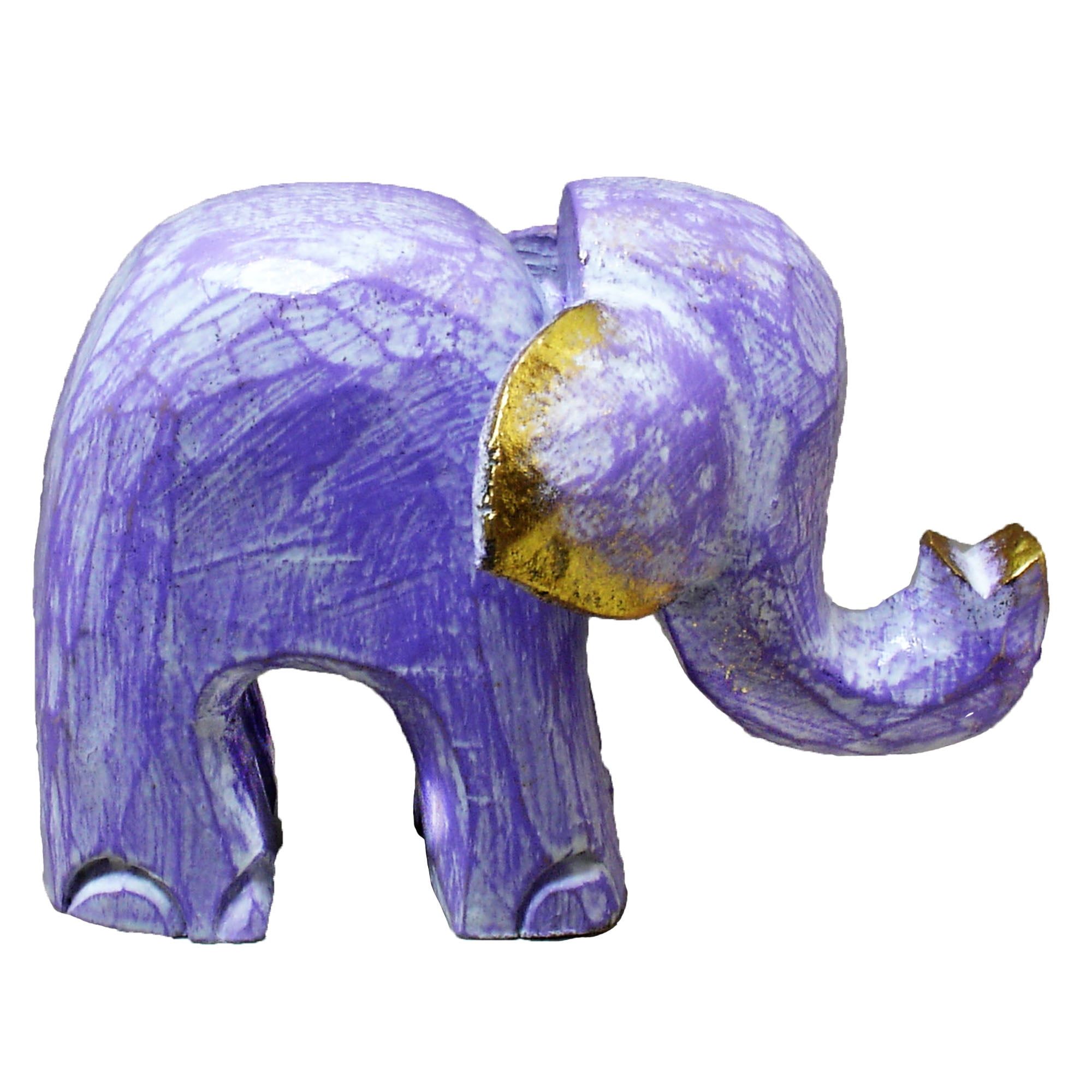 Hand-Carved Purple and Gold Albesia Wood Elephant Statue