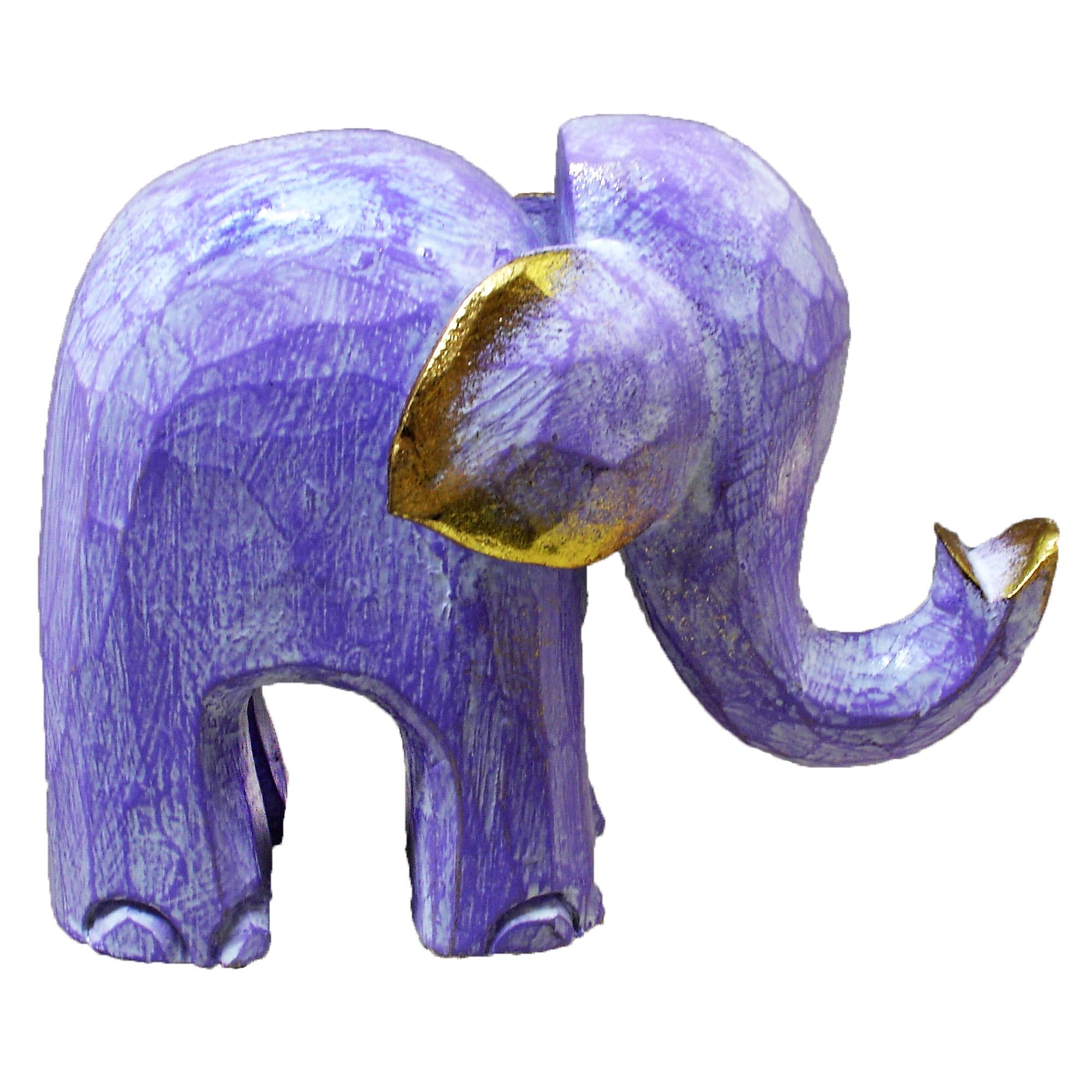 6" Purple and Gold Hand-Carved Wooden Elephant Statue