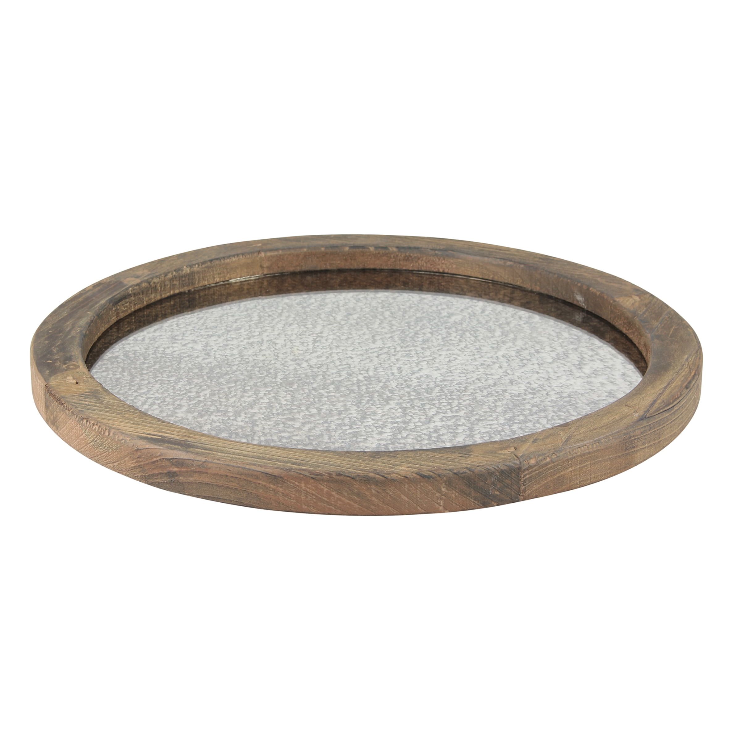 Rustic Round Natural Wood Serving Tray with Antique Mirror