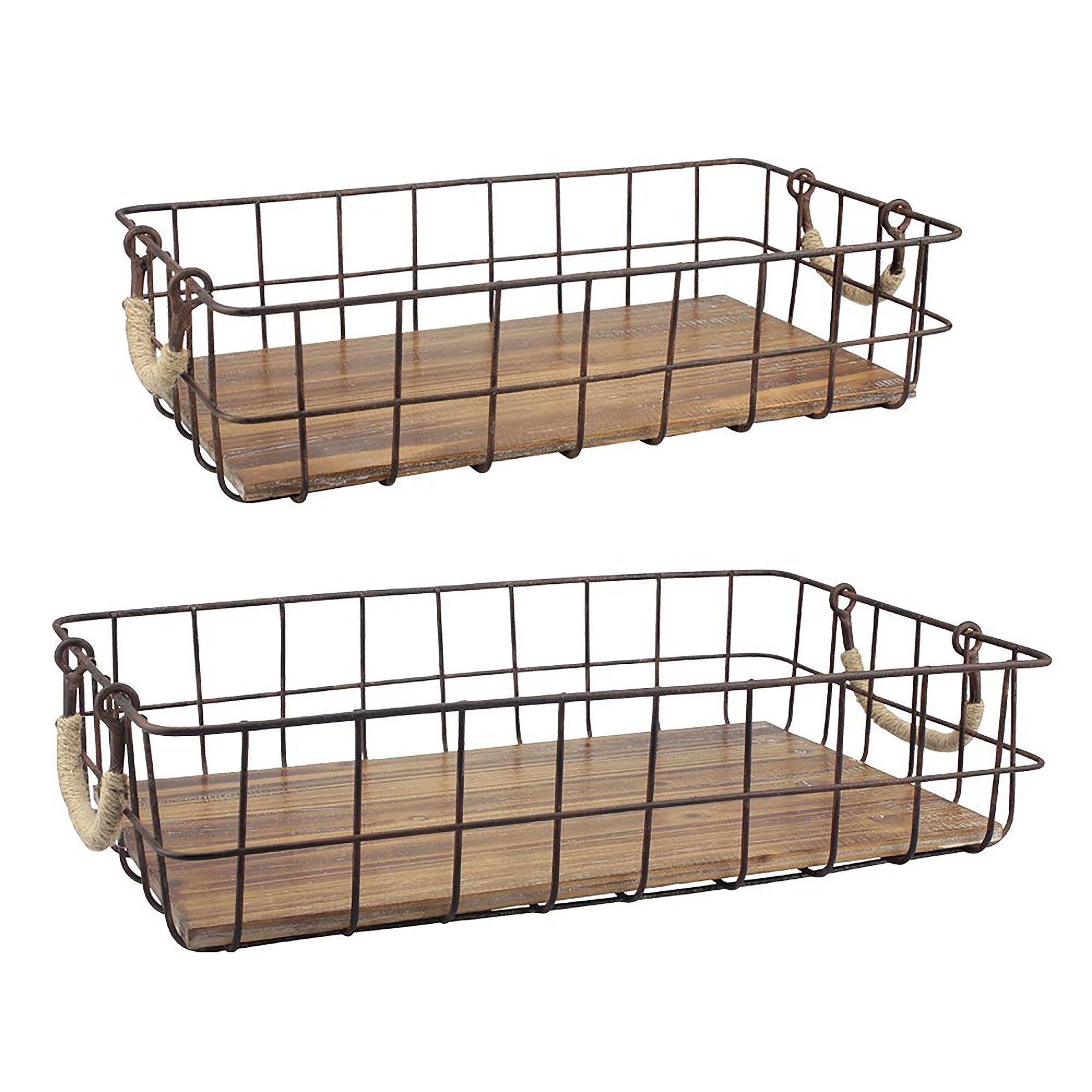 Rustic Woodgrain and Distressed Metal Rectangular Basket Duo