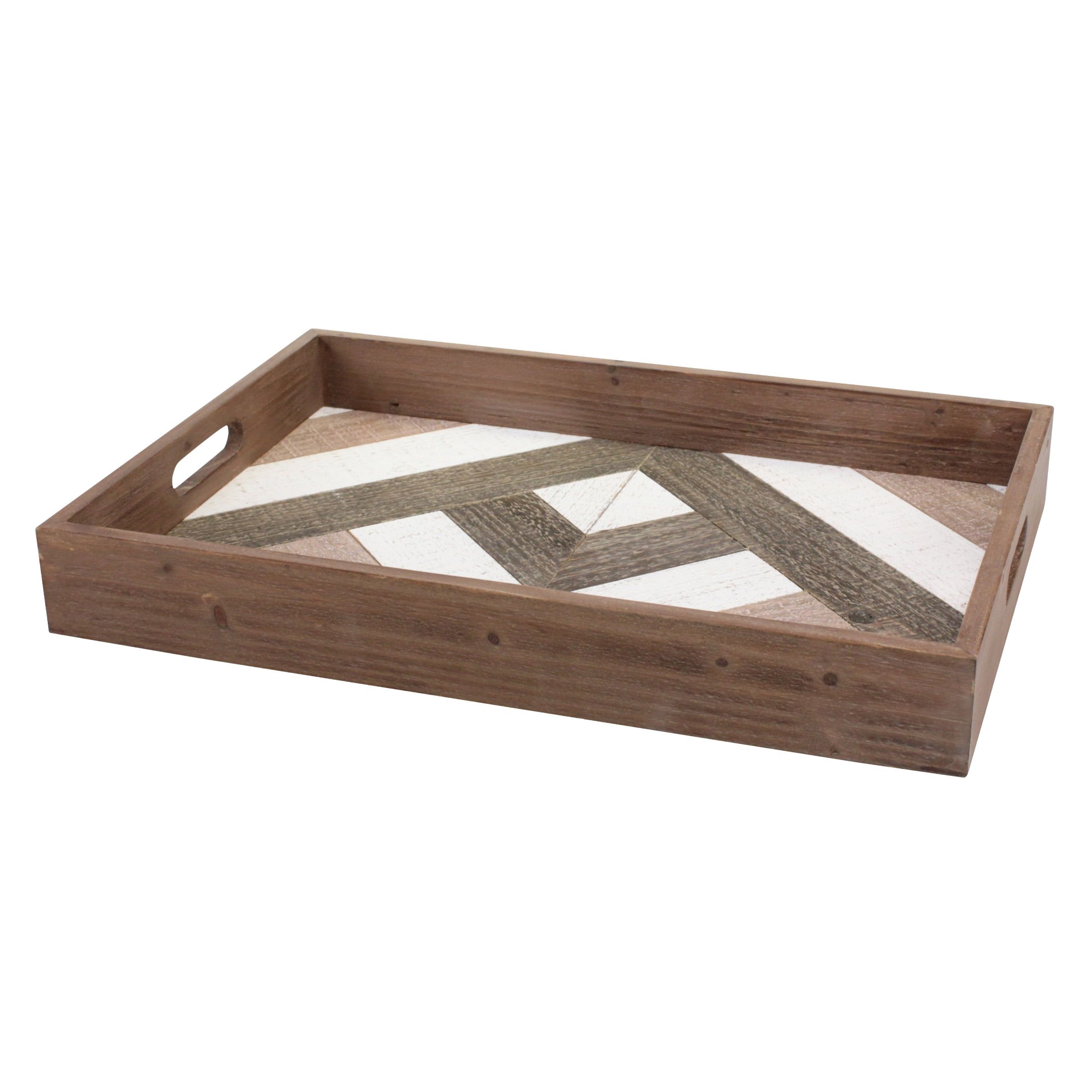 Brown Geometric Solid Wood Serving Tray with Handles