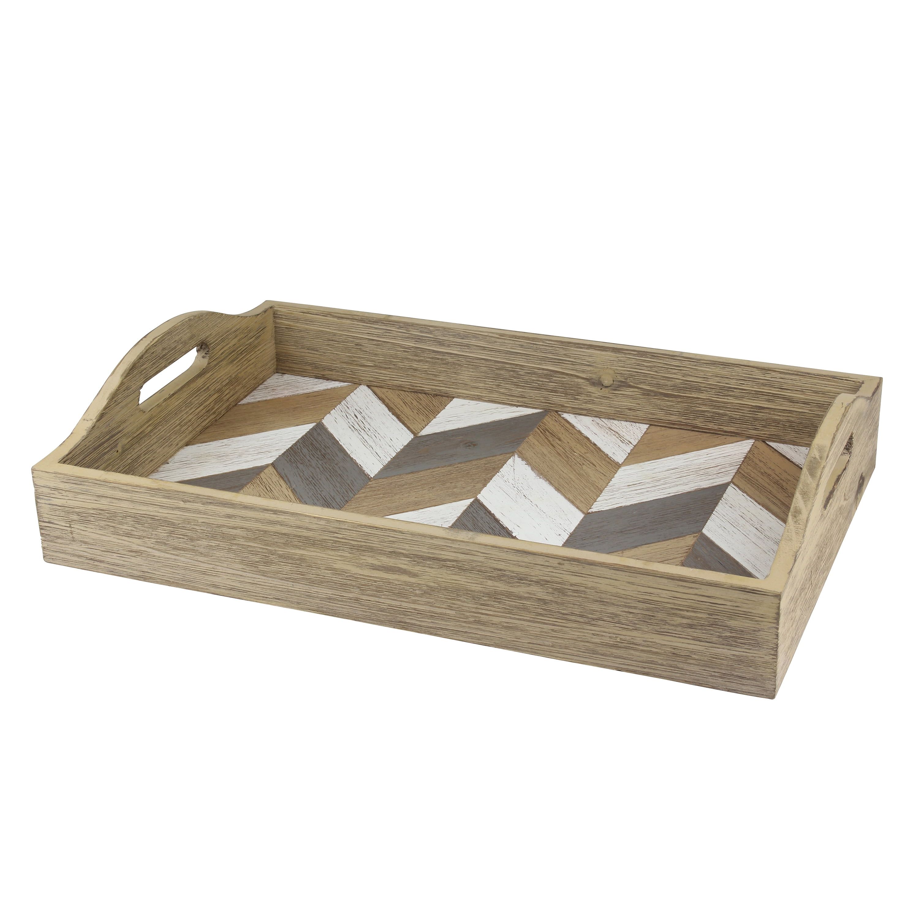 18" x 12" Rustic Brown Wooden Chevron Serving Tray with Handles