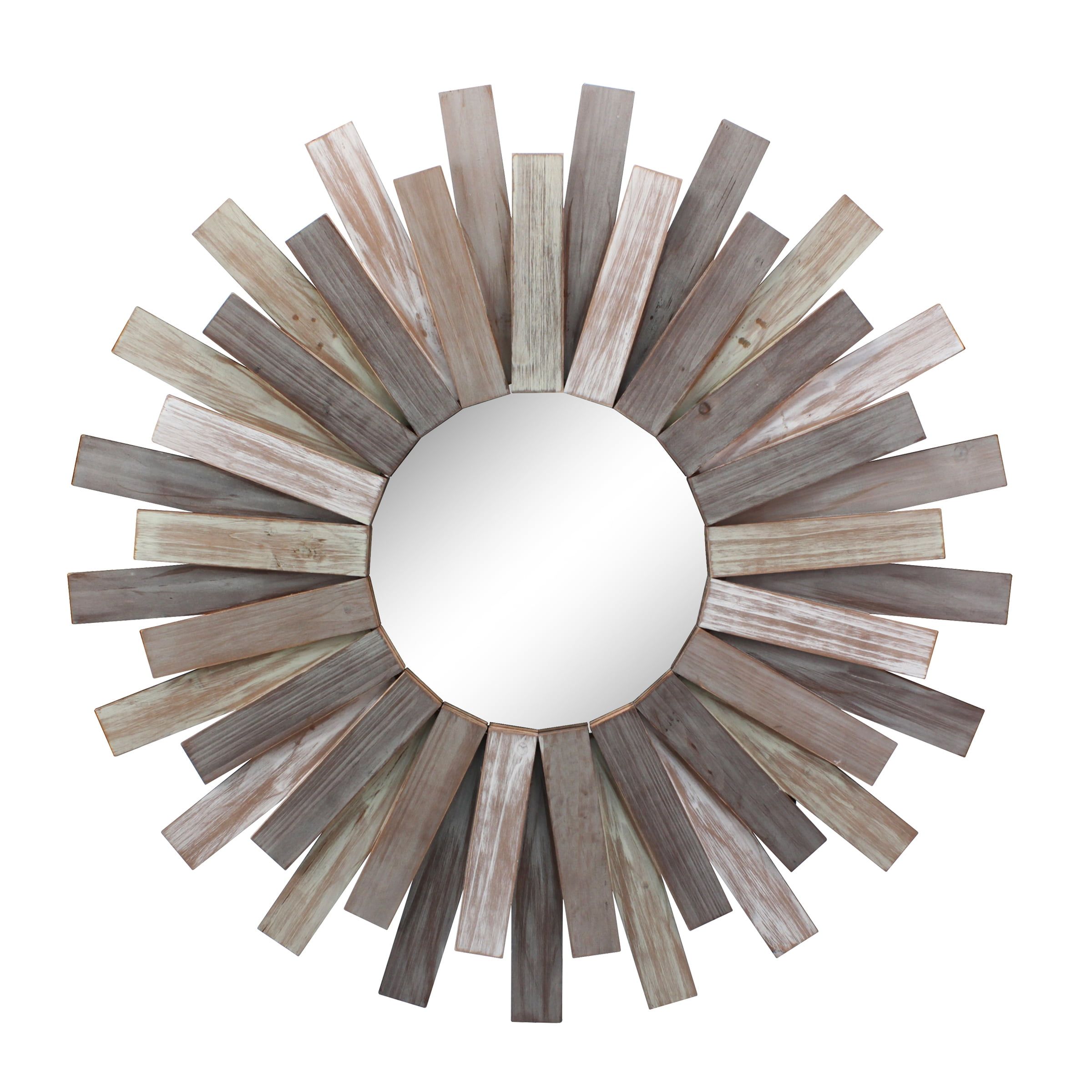 Rustic Wooden Sunburst Round Wall Mirror, 34.65" Height