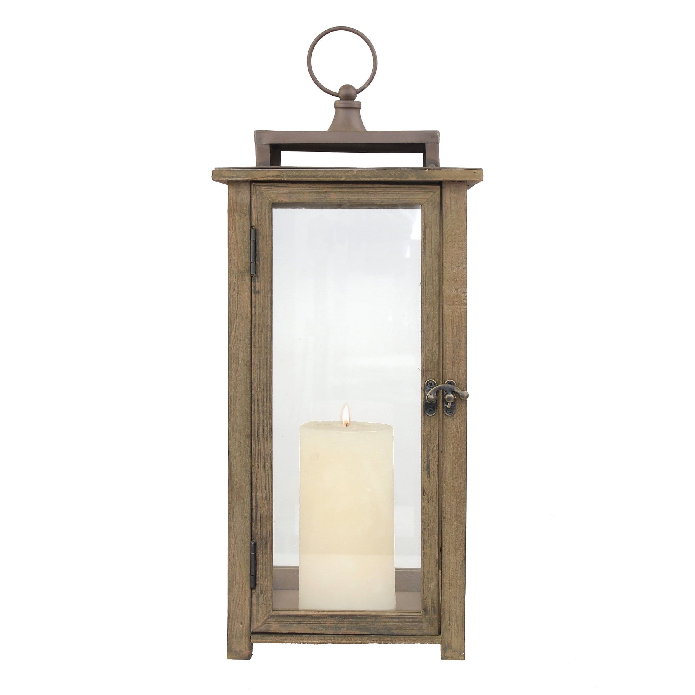 Large Rustic Wooden Hurricane Candle Lantern with Metal Top