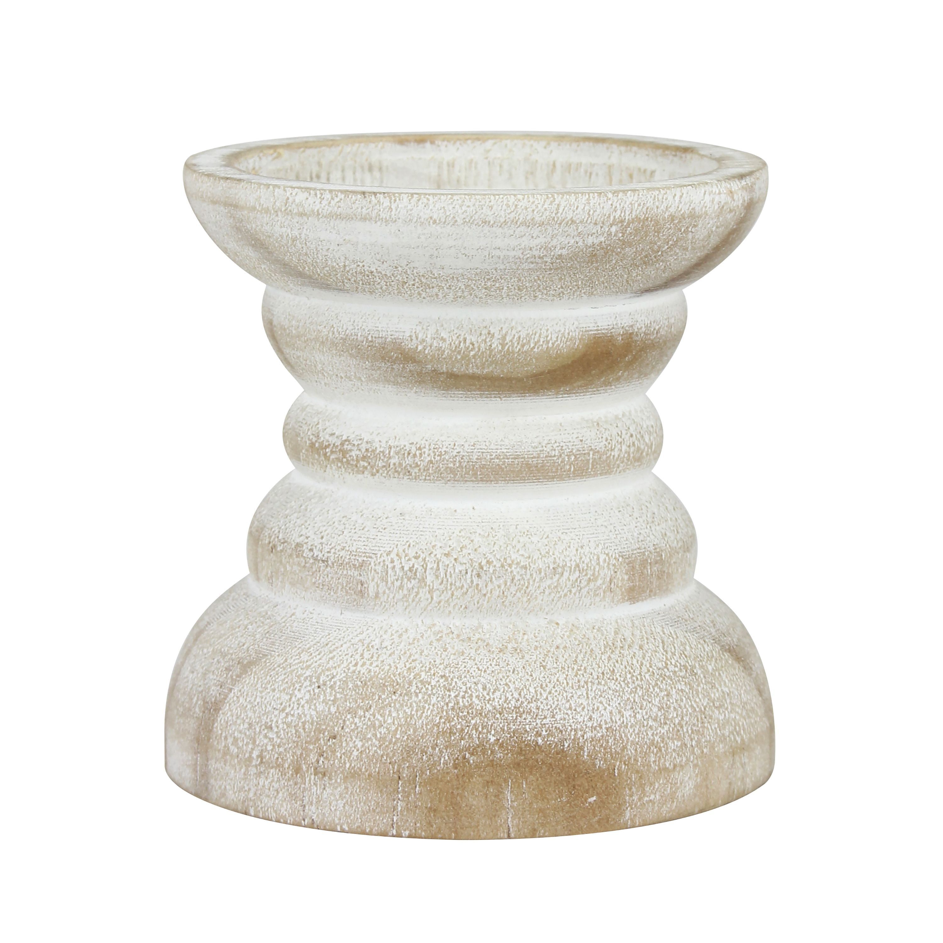 Coastal Cottage 4" Off-White Wood Pillar Candle Holder