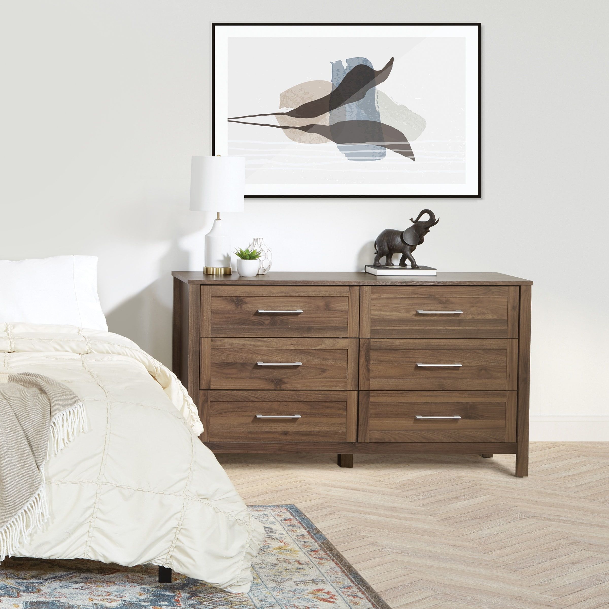 Classic Walnut 6-Drawer Horizontal Dresser with Soft Close