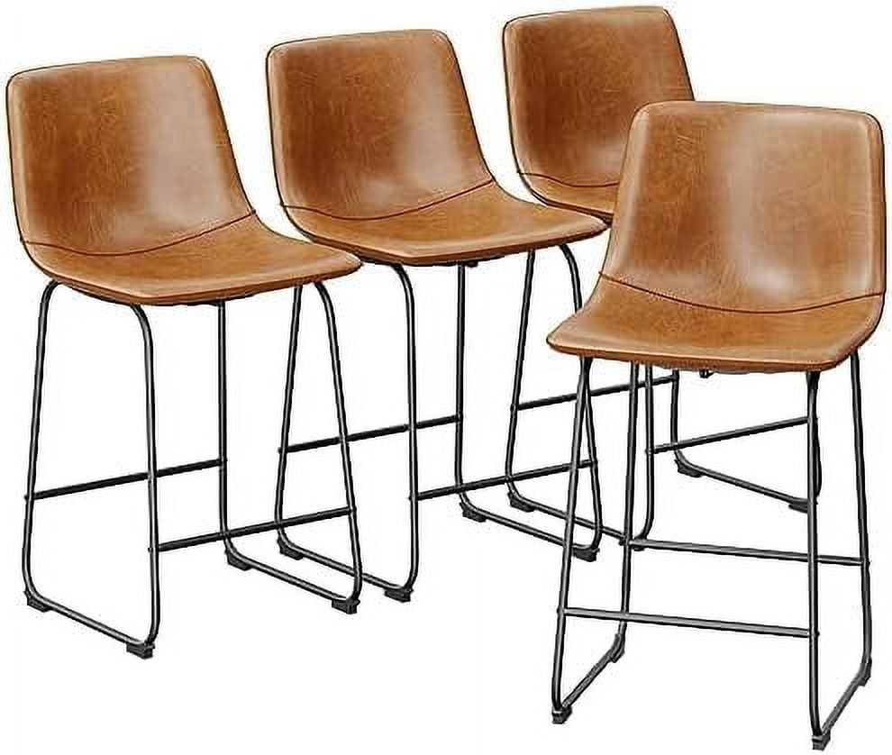 Brown Faux Leather Modern Counter Height Stools with Metal Legs, Set of 4