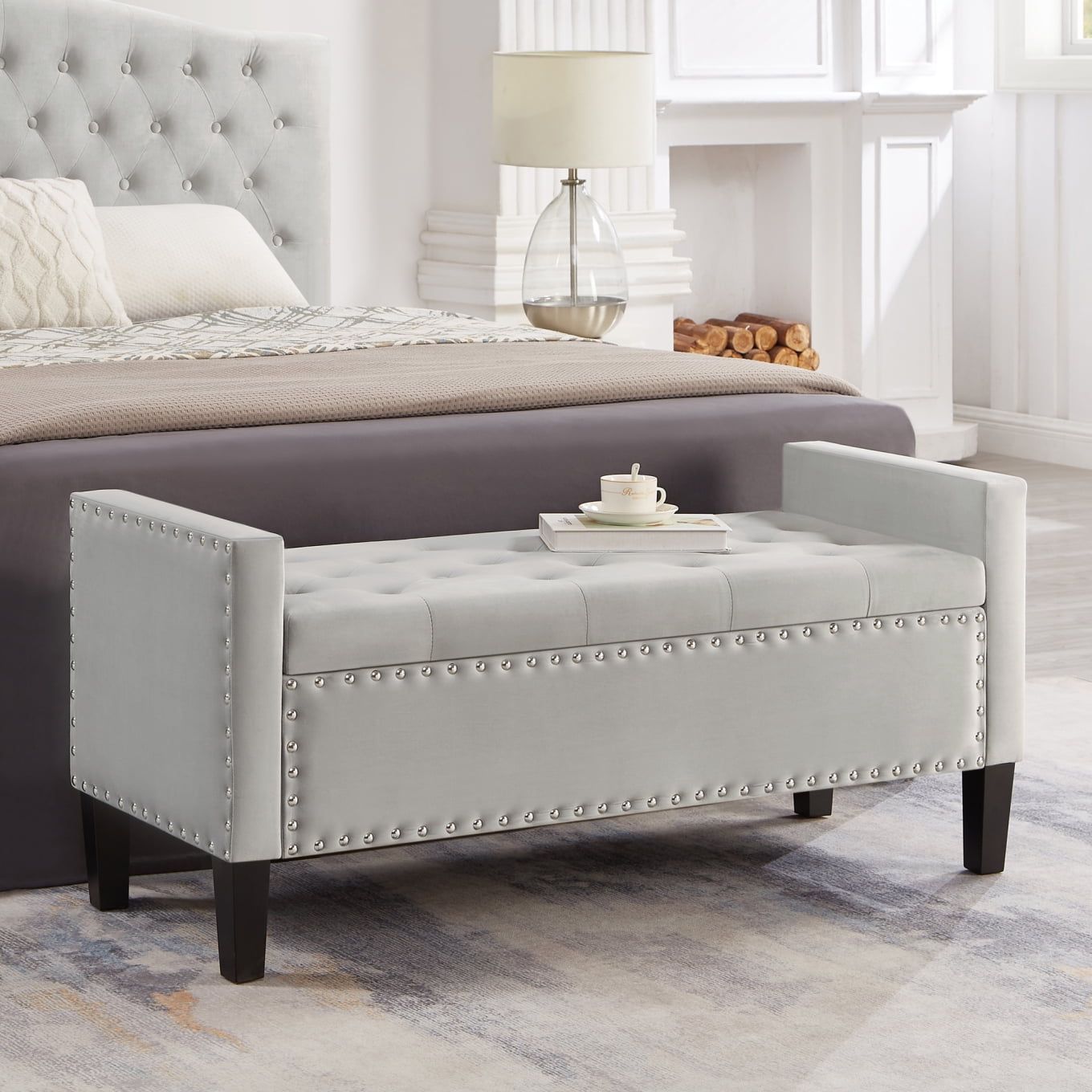 Gray Velvet Upholstered Storage Bench with Nailhead Trim