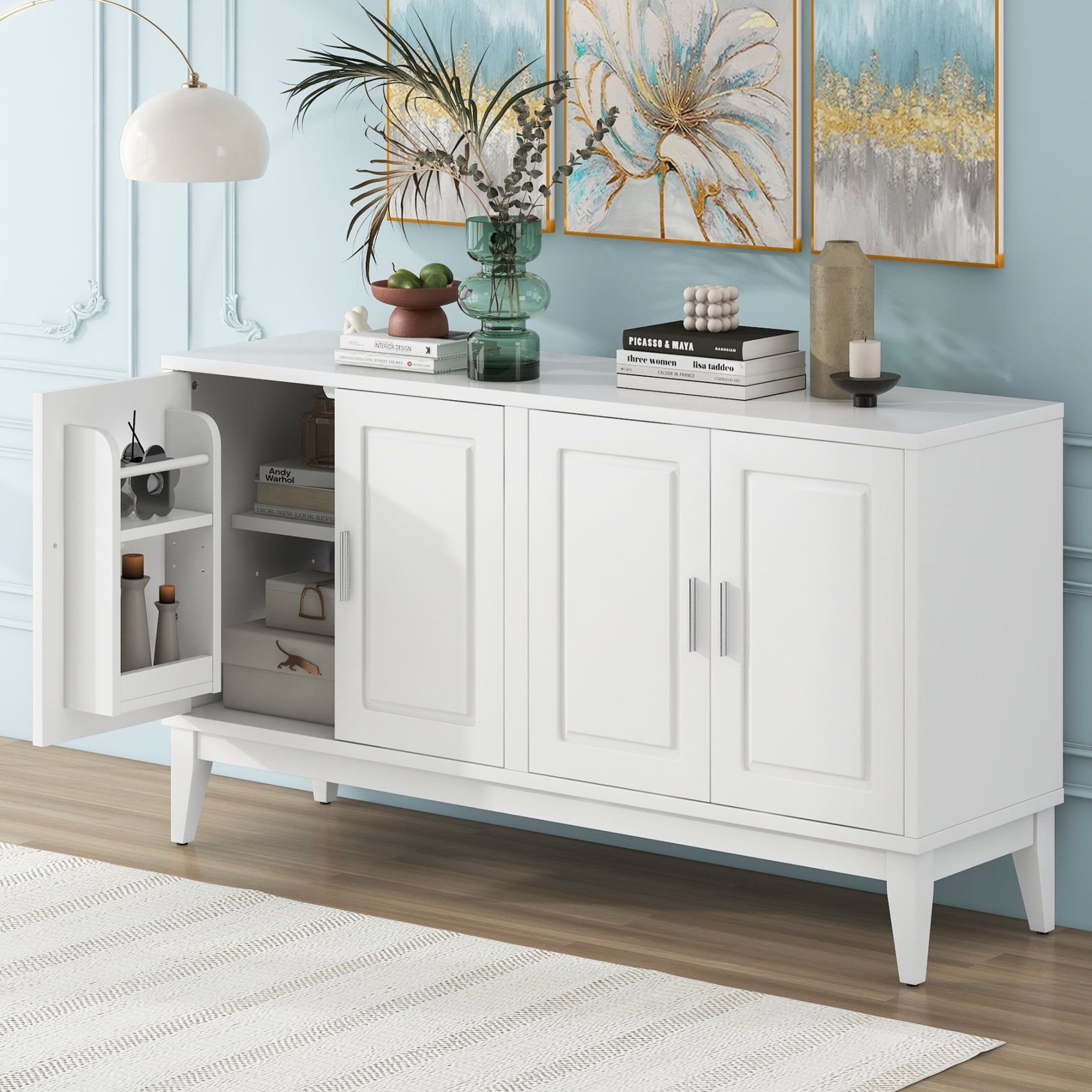 White 60" Modern 4-Door Wood Sideboard with Adjustable Shelves