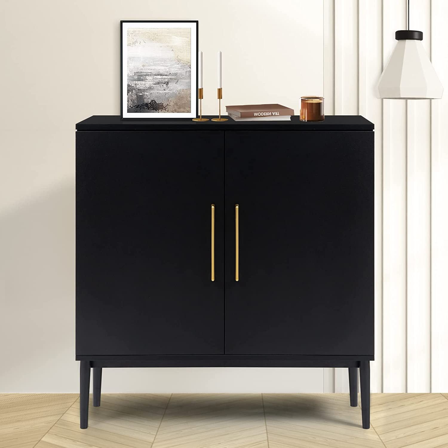 Black Modern Storage Cabinet with Metal Base and Doors