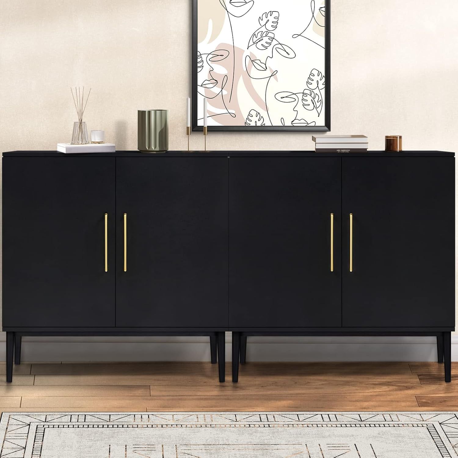 Modern Black Wood Storage Cabinet with Gold Handles