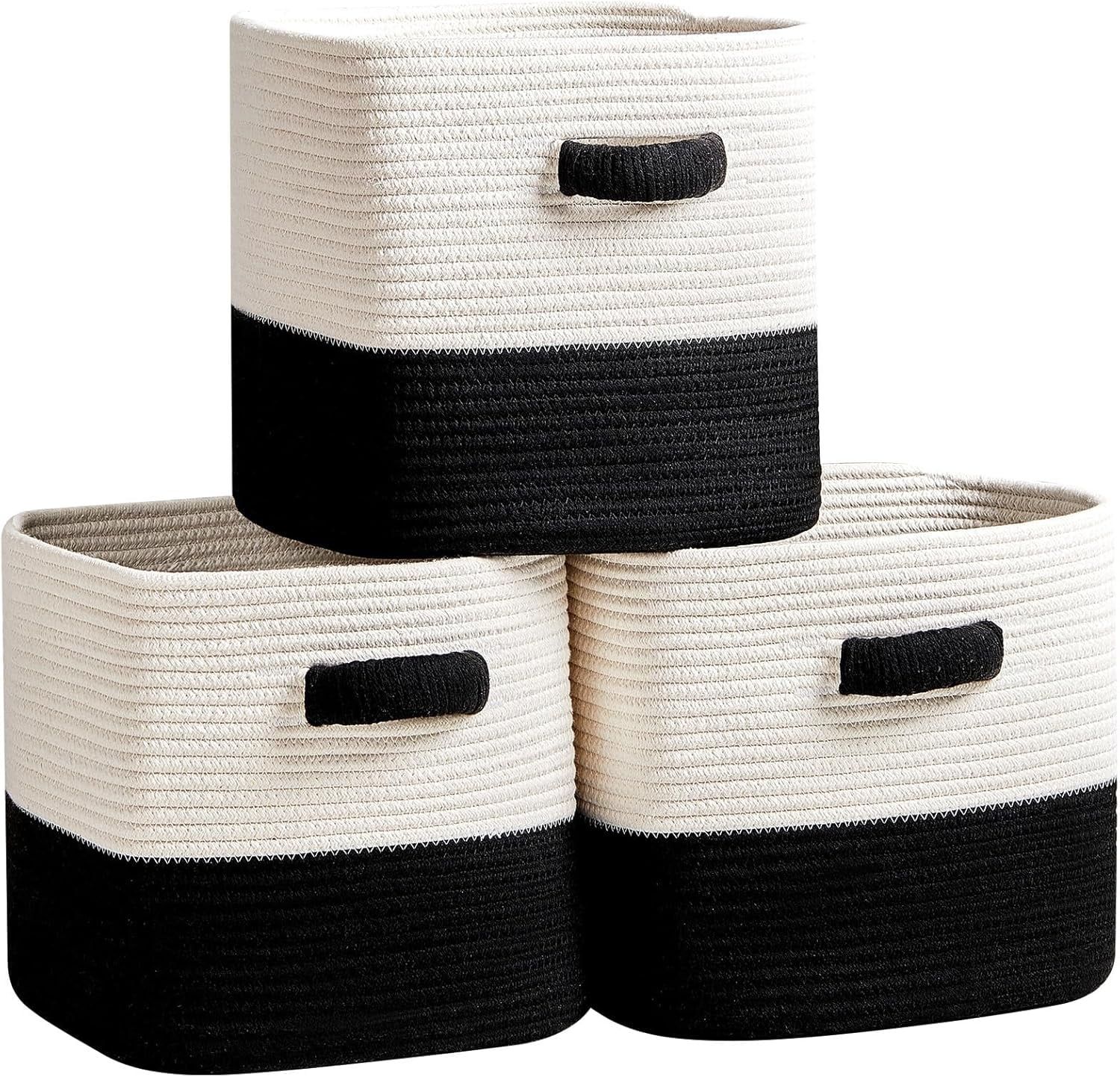 11-Inch Black and White Cotton Rope Square Storage Baskets, Set of 3