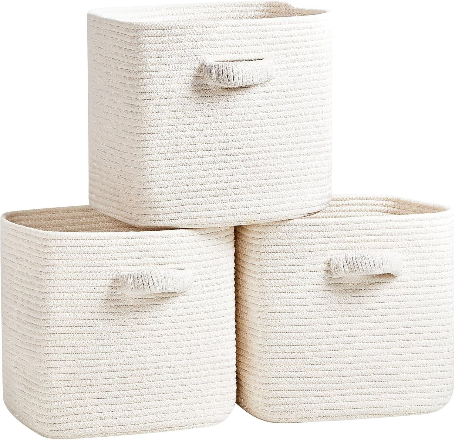 White Cotton Rope Woven Square Storage Baskets, 3-Pack