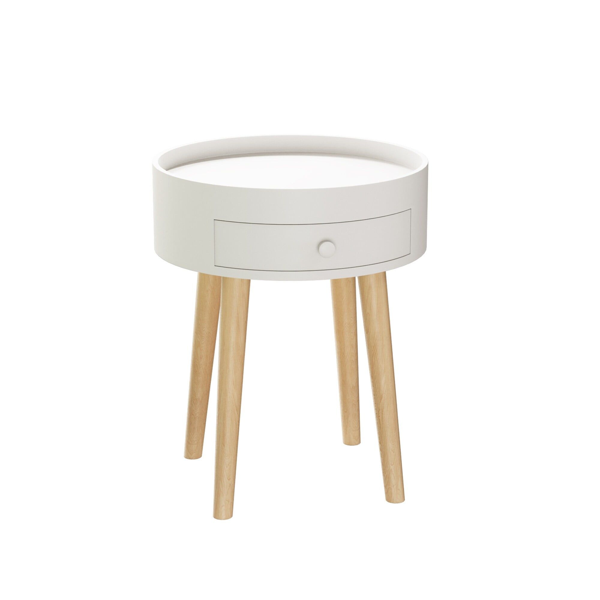 White Round Wood End Table with Storage Drawer