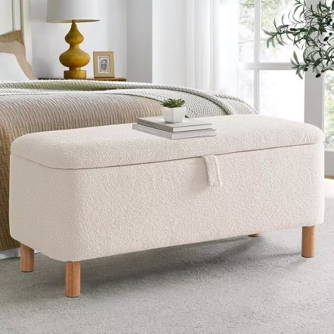 39.5" Off-White Boucle Upholstered Storage Ottoman Bench with Wood Legs