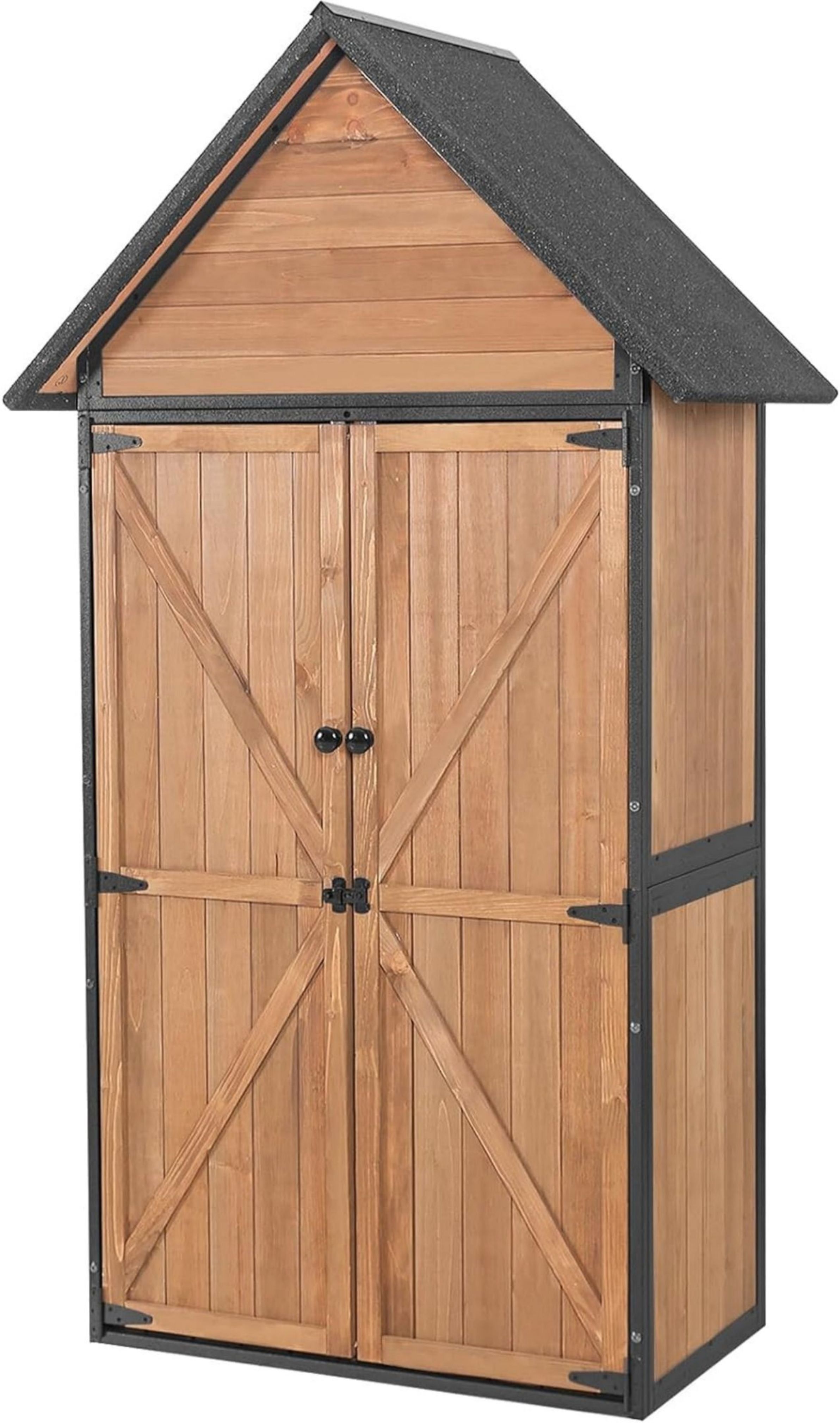 Brown Wooden Outdoor Storage Shed with Metal Frame and Shelving