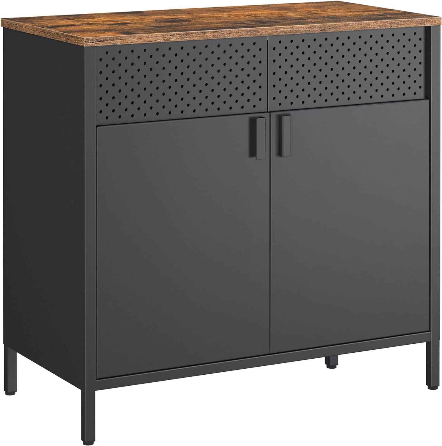 Rustic Brown and Black Metal Sideboard with Adjustable Shelf