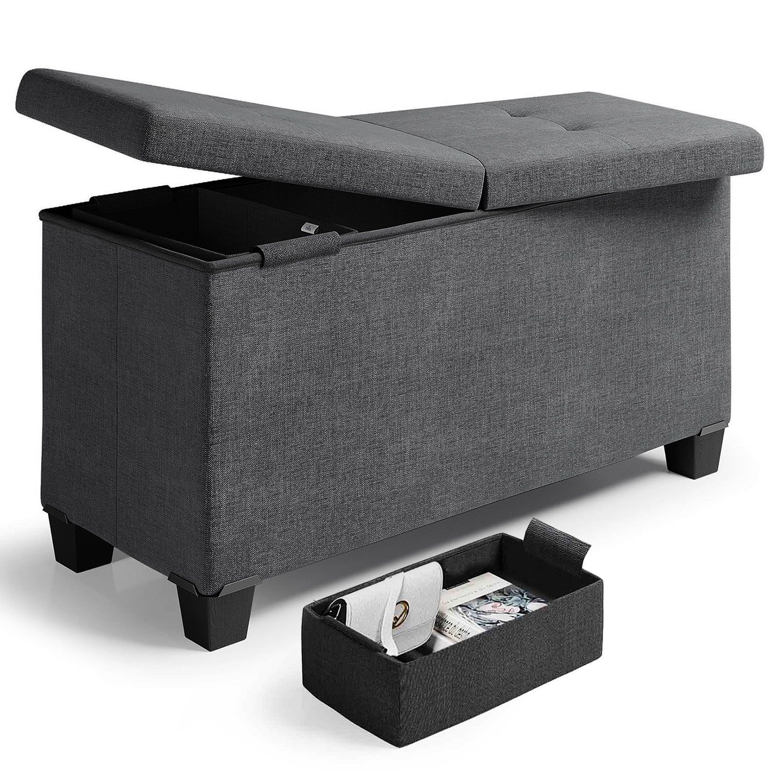 Gray 30" Tufted Linen Storage Ottoman Bench with Faux Wood Legs