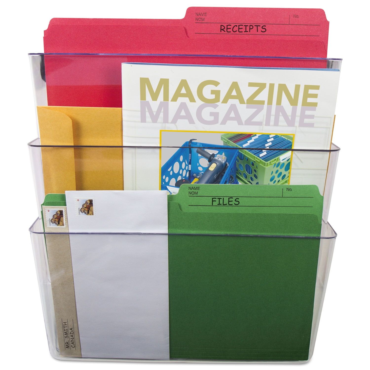 Clear Three-Pocket Wall File Organizer, 13 x 14 in