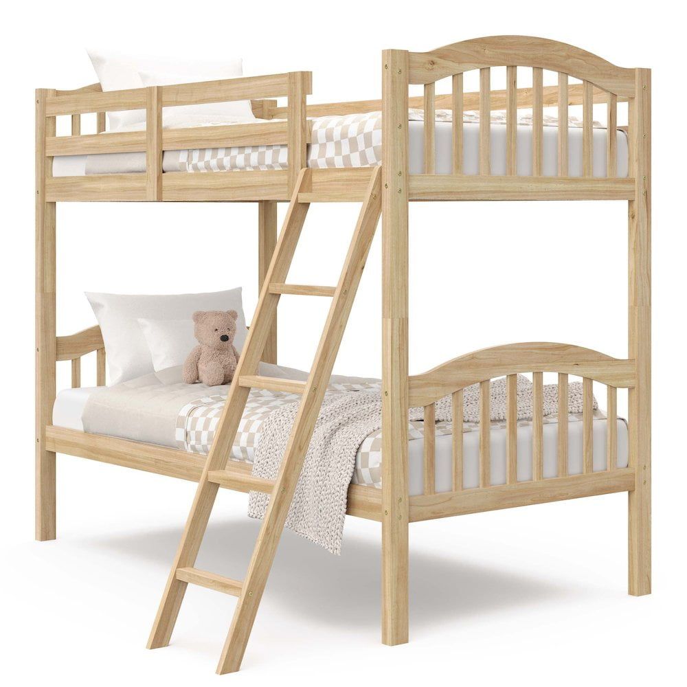 Natural Twin Over Twin Wood Bunk Bed with Ladder and Guardrails