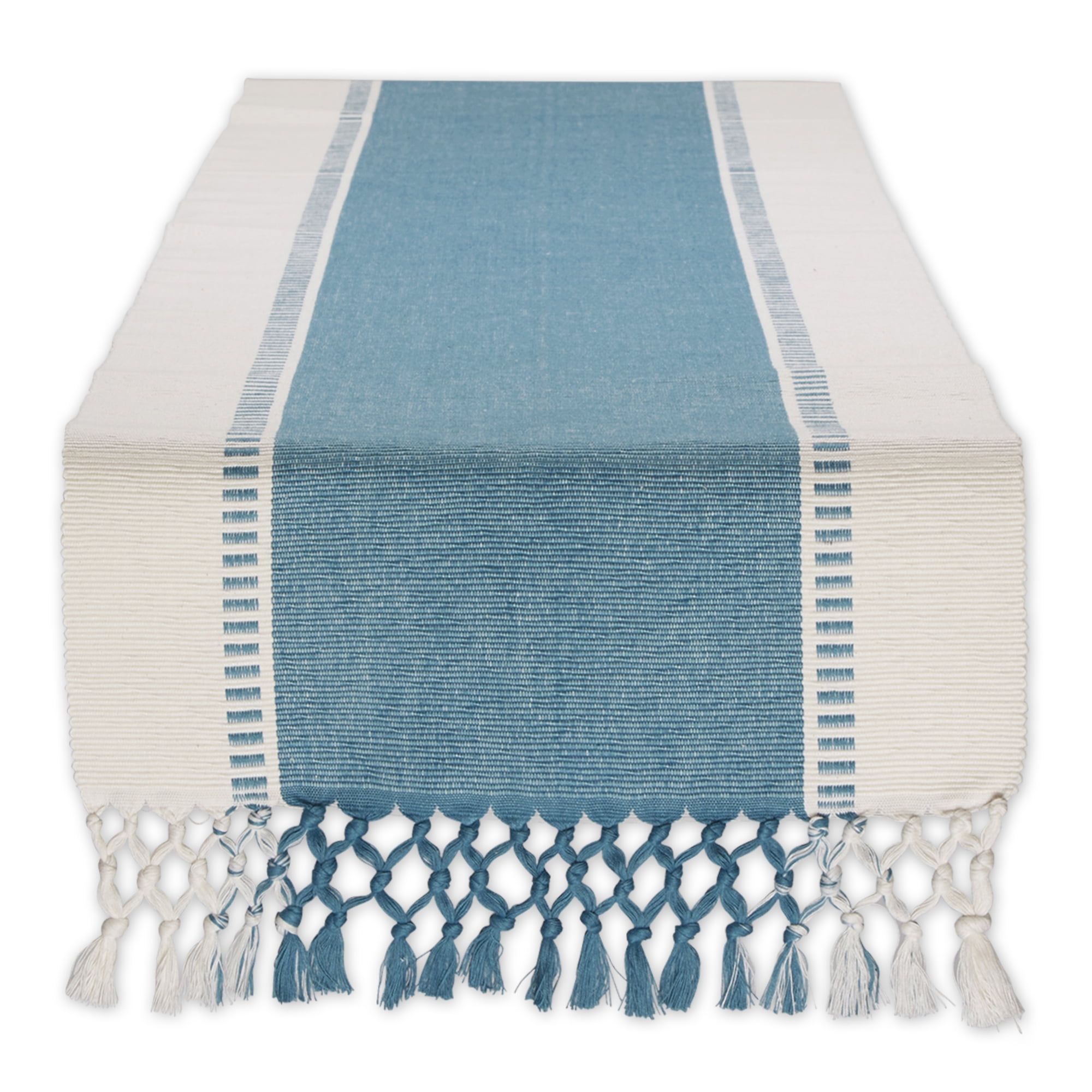 Storm Blue and White Cotton Woven Table Runner with Fringe, 13x77.5