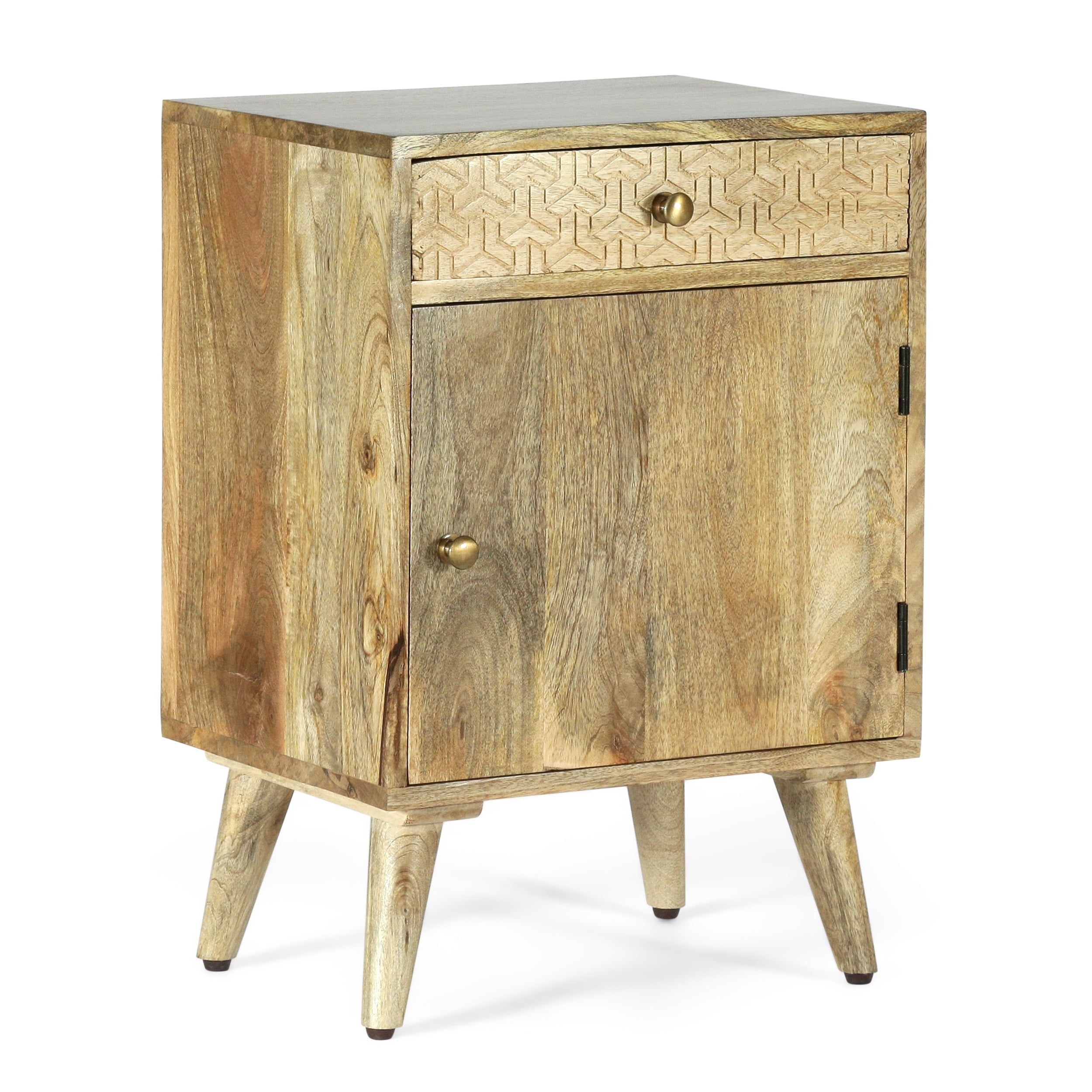 Natural Mango Wood Boho Nightstand with Drawer and Storage