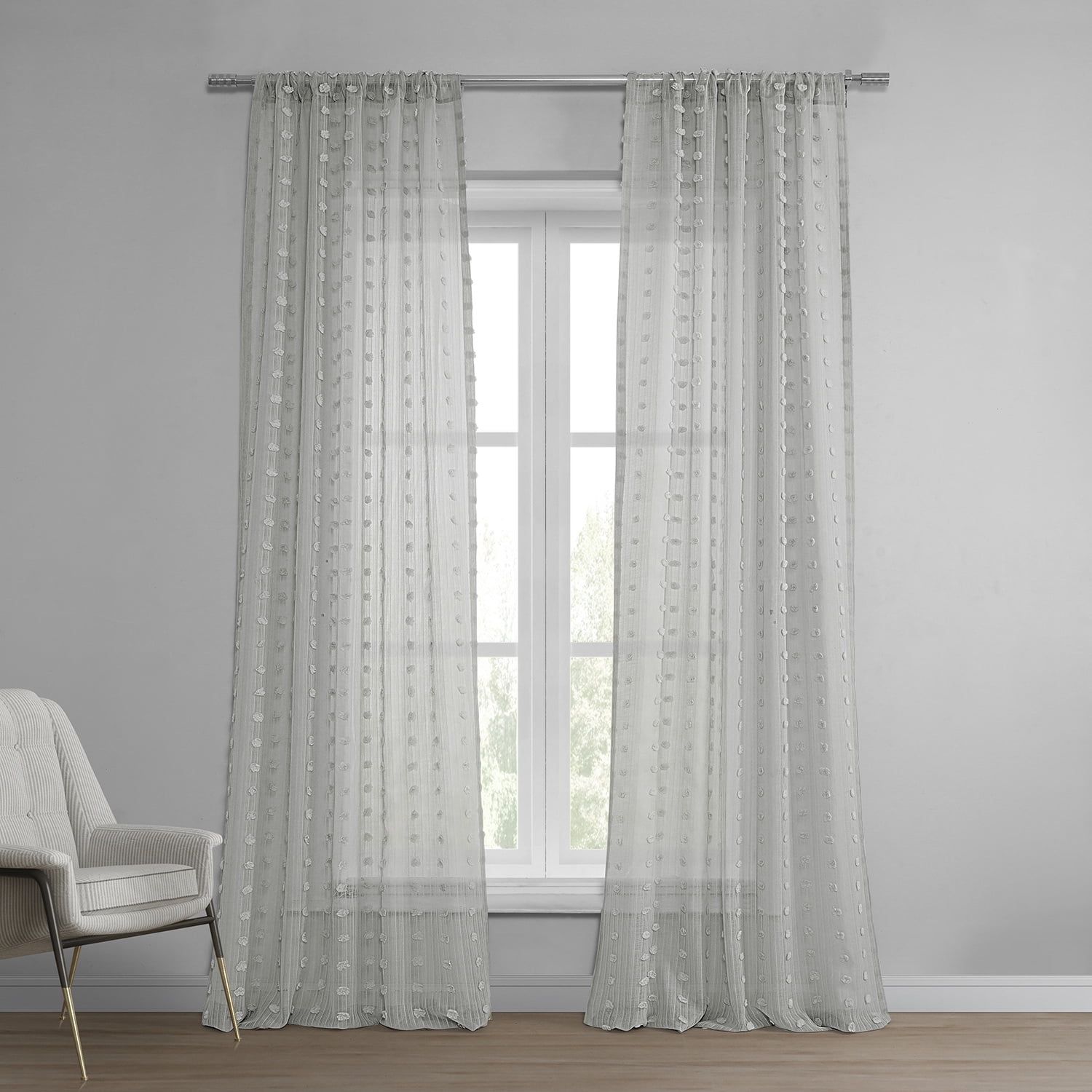 Strasbourg Dot Grey Patterned Linen Sheer Curtain Panel 50W X 84L