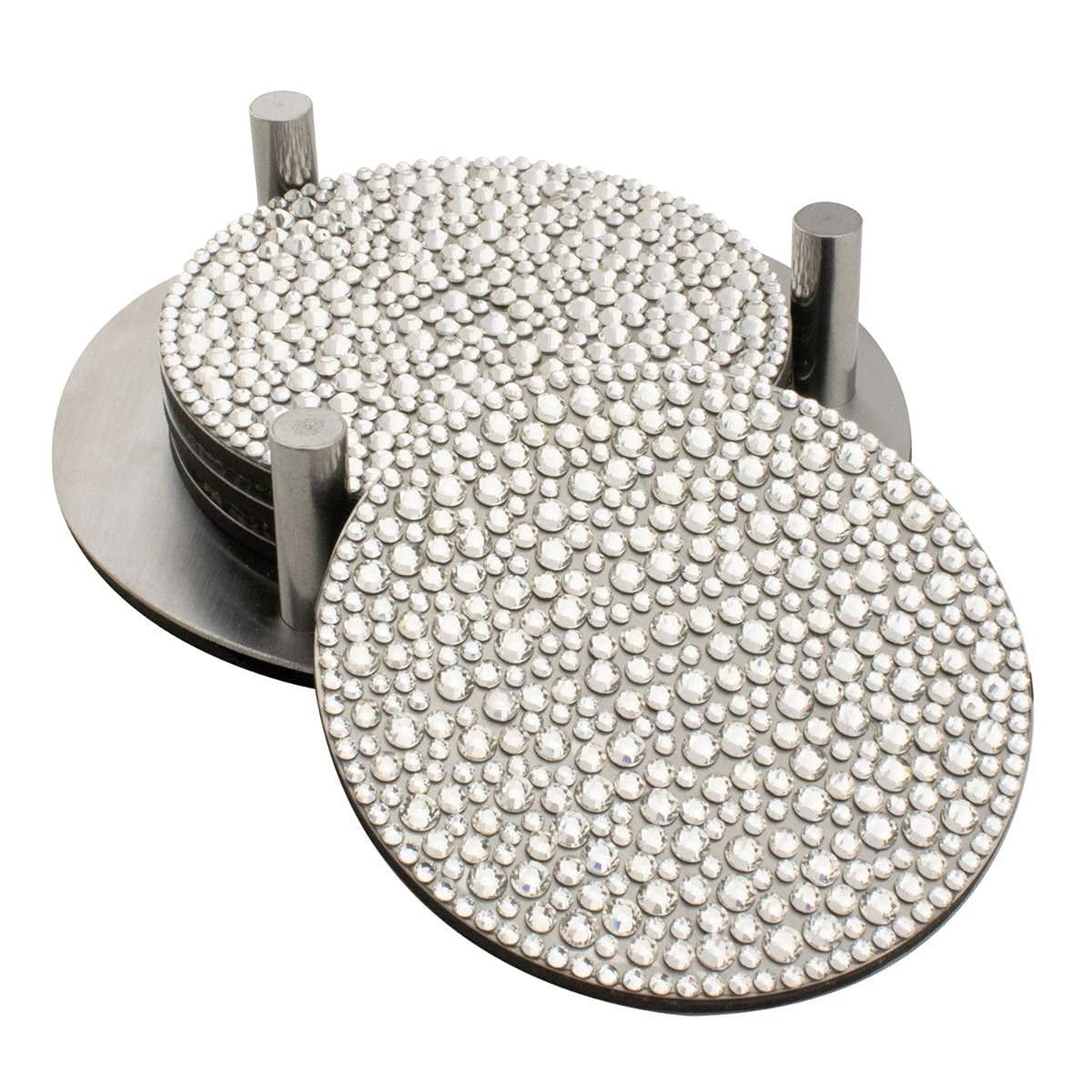 Silver Rhinestone Stainless Steel Coaster Set with Holder, 5"