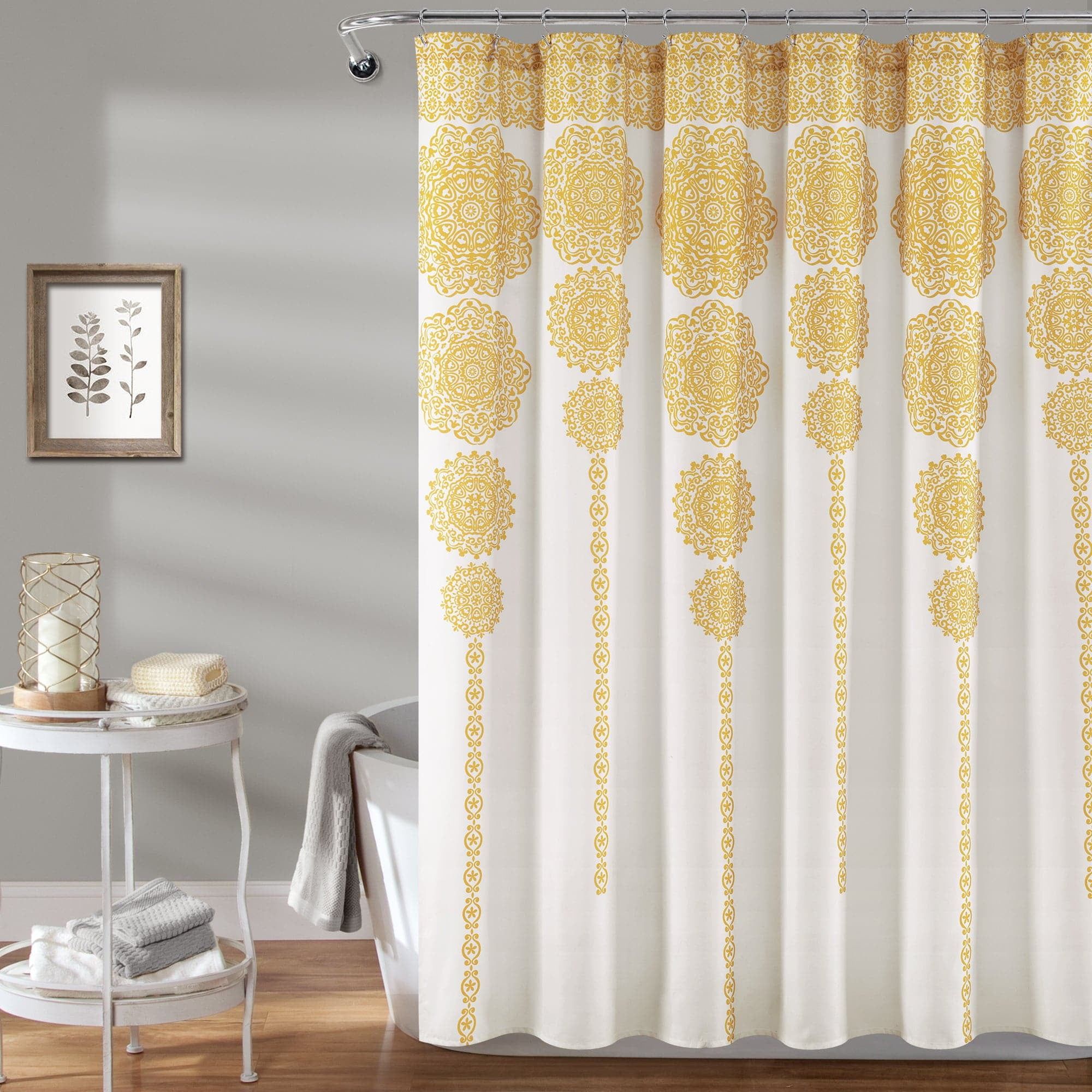 Extended Length White and Yellow Floral Fabric Shower Curtain