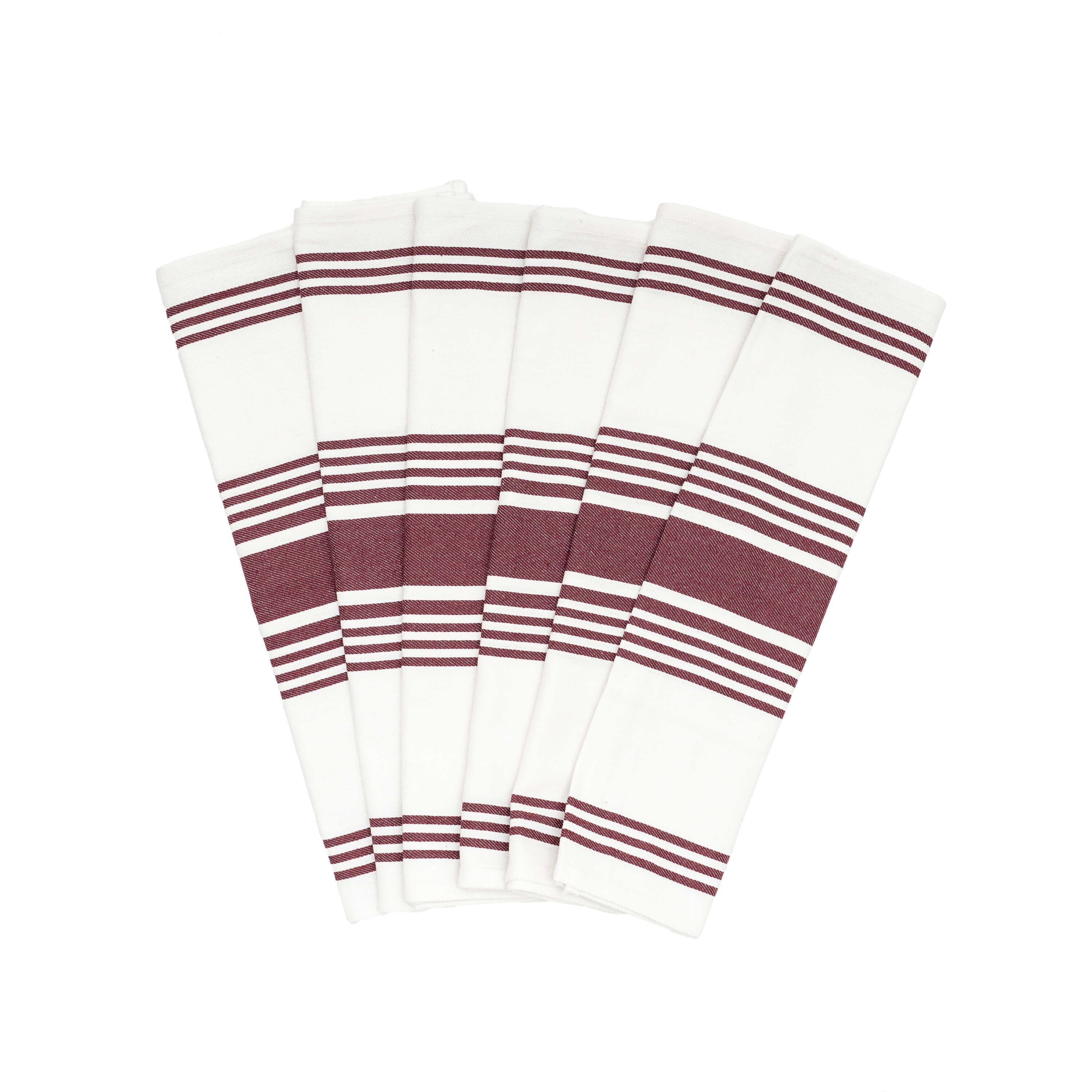 Maroon and White Striped Cotton Kitchen Towels Set of 6