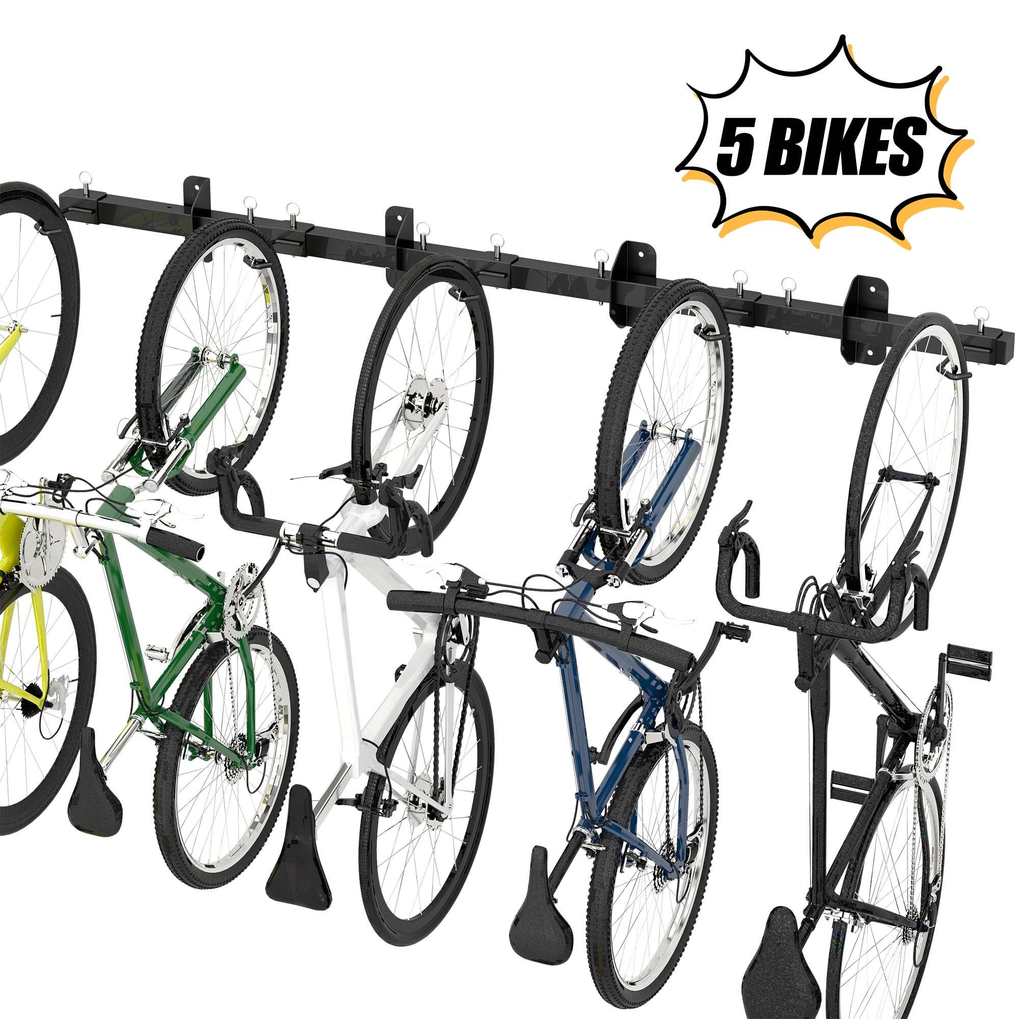 68-Inch Black Steel Wall Mount Bike Storage Rack with Adjustable Hooks