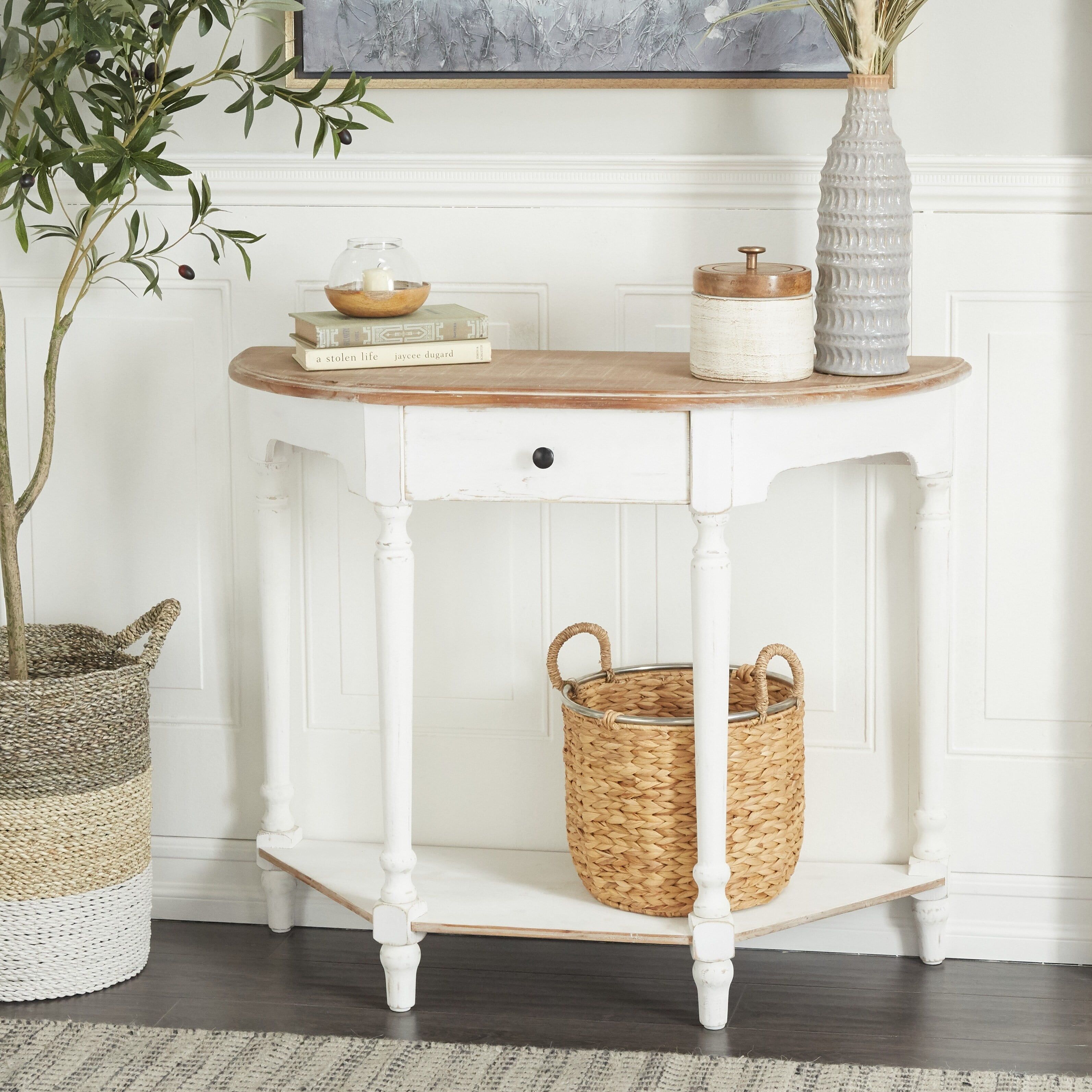 White and Brown Fir Wood Demilune Console Table with Storage