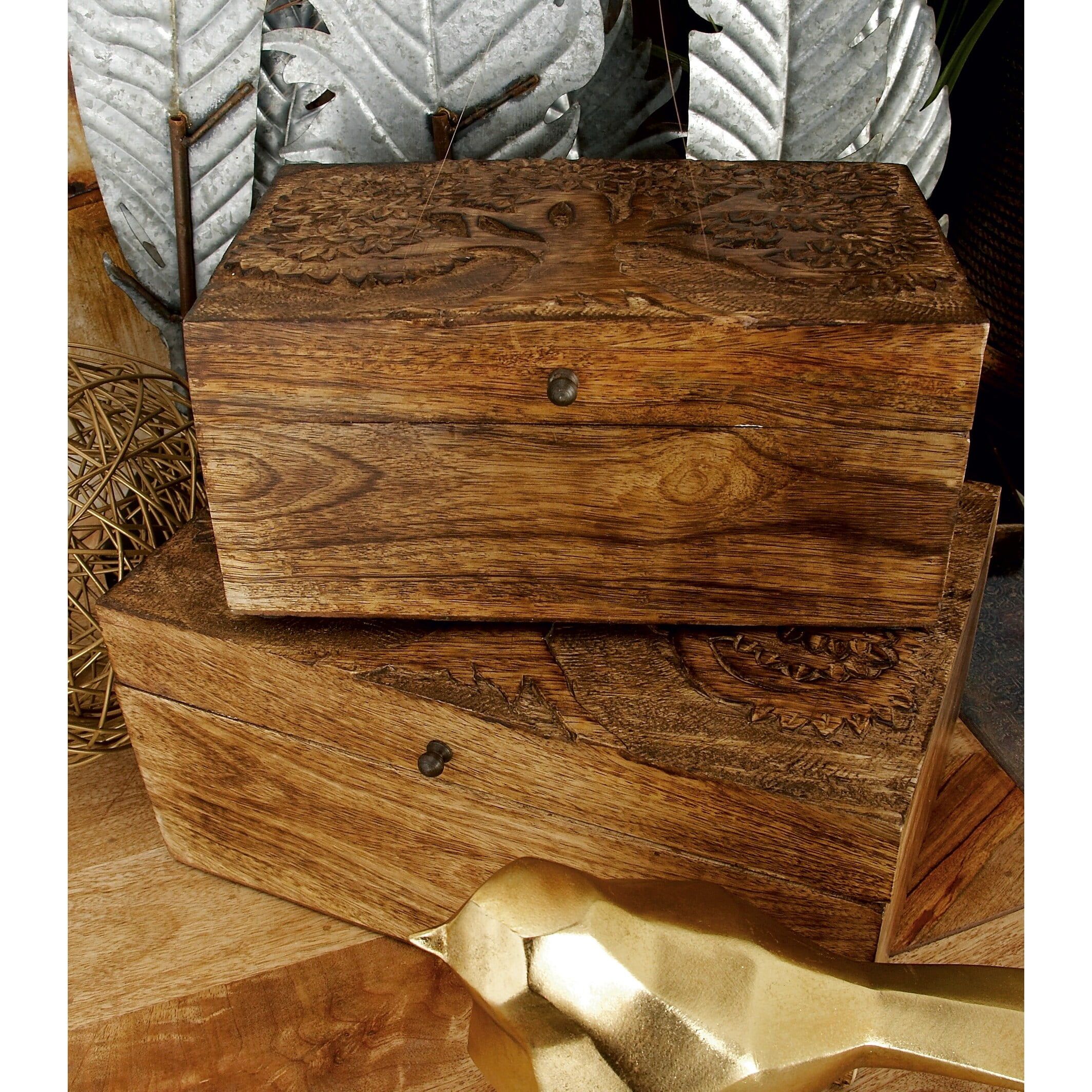 Hand-Carved Mahogany Finish Wooden Lidded Box Set