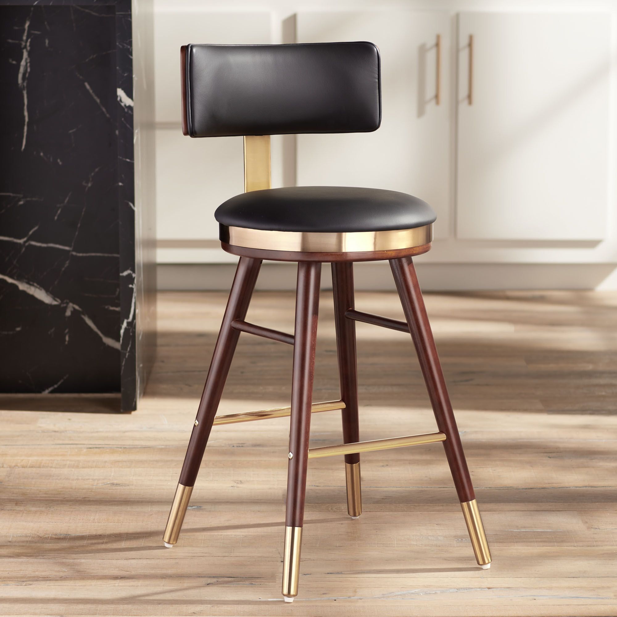 Walnut and Black Leather Counter Stool with Gold Metal Footrest