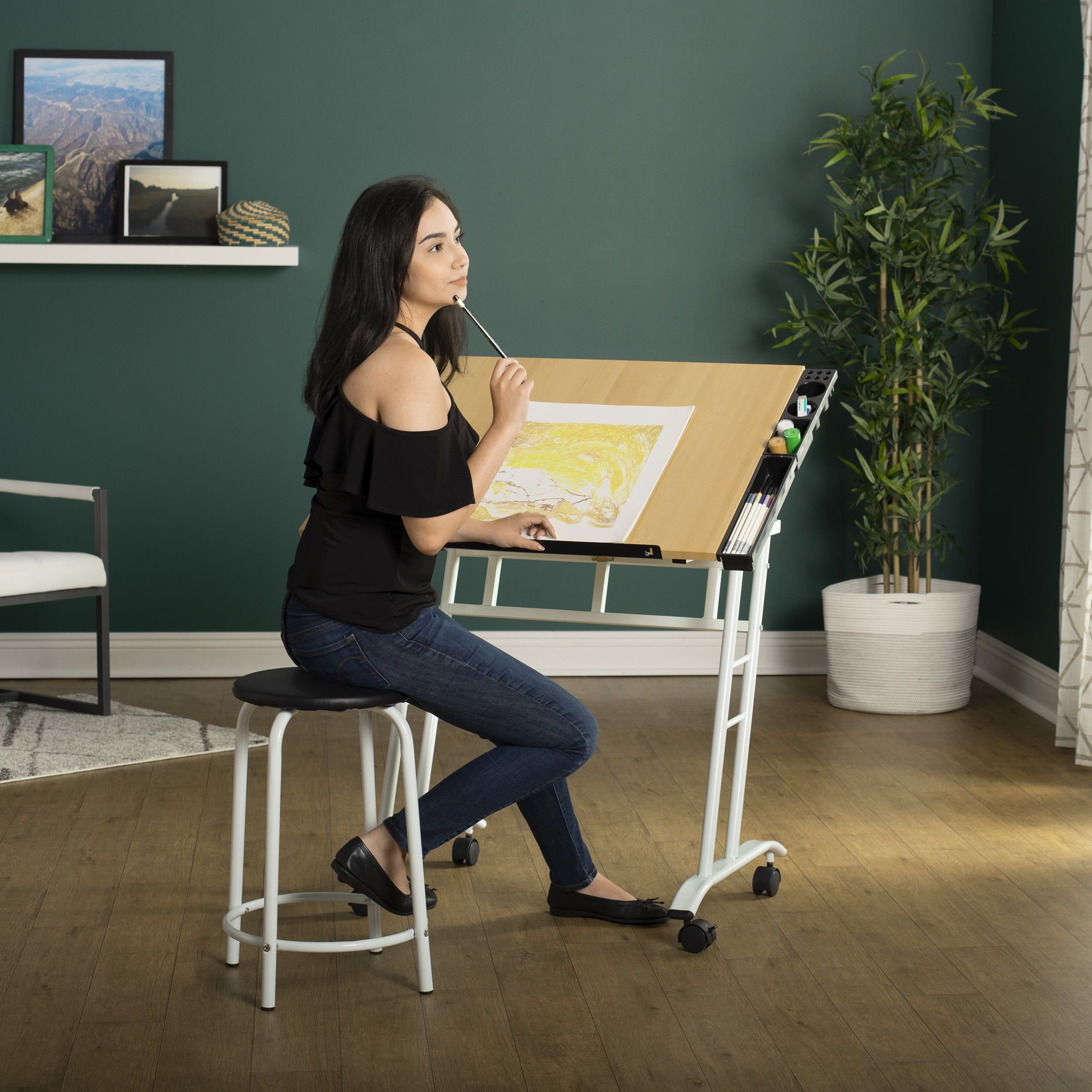 Adjustable Maple and White Drawing Table with Stool