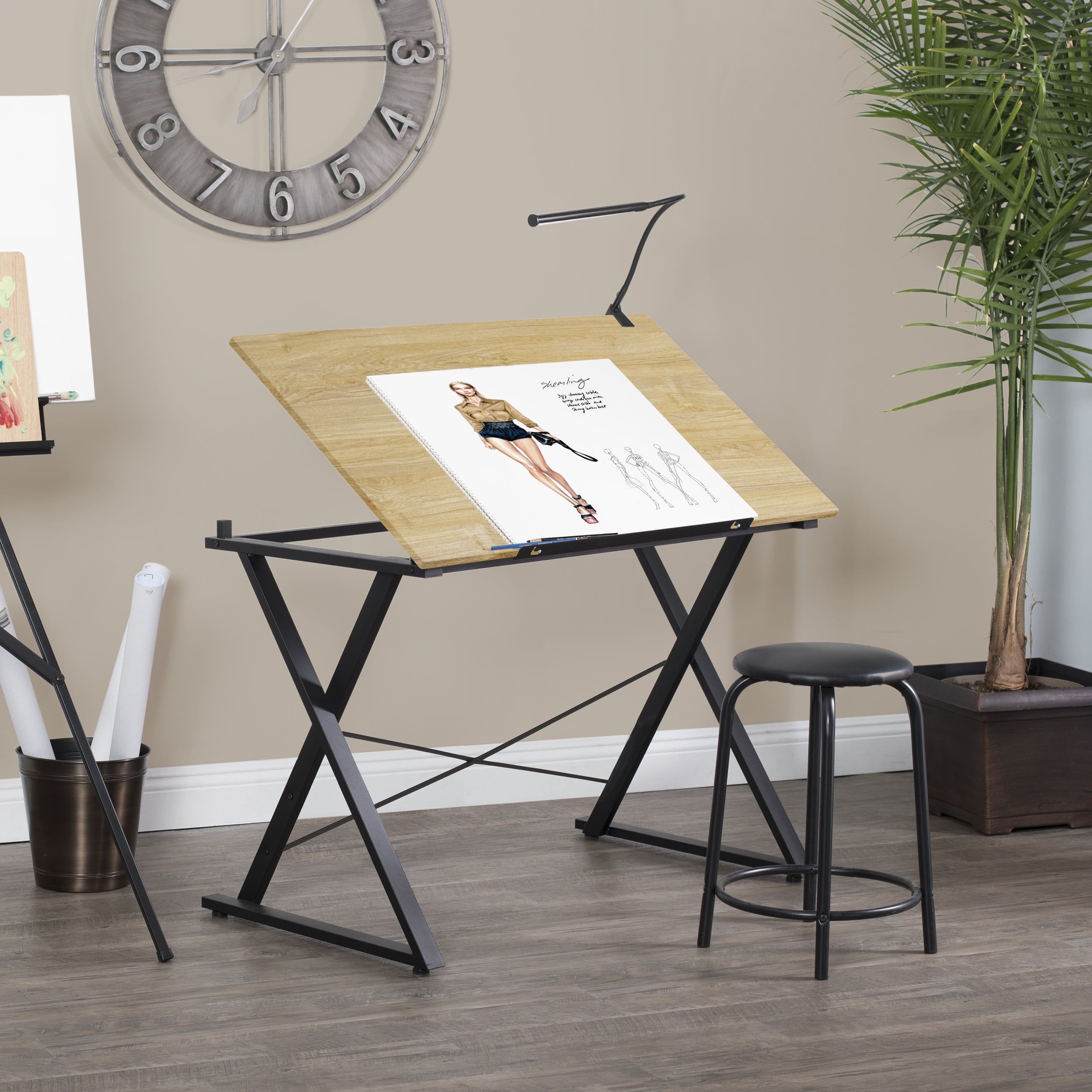 Ashwood and Charcoal Adjustable Drawing Table with Steel Frame