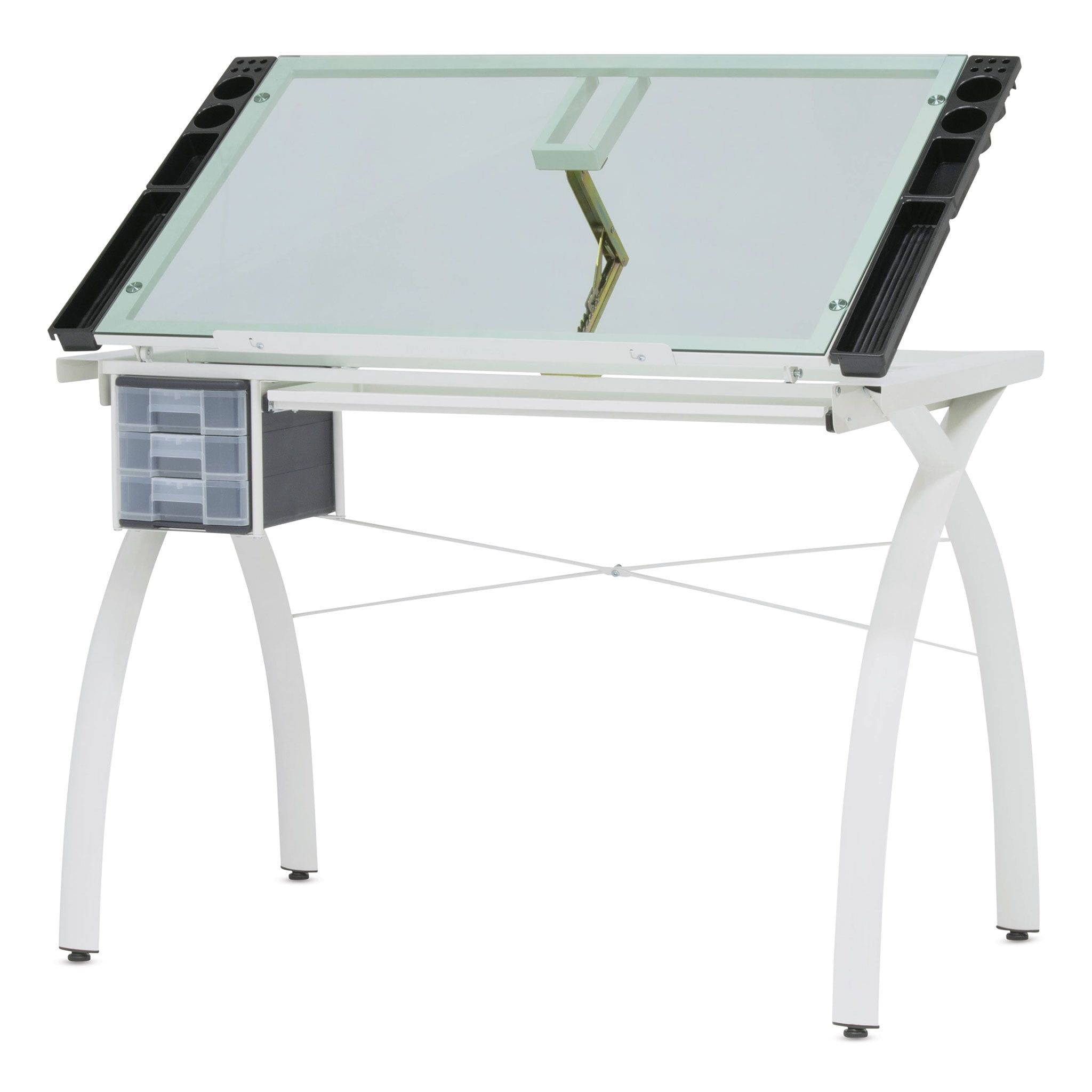 Futura Ivory Frame Drafting Table with Sea Green Glass Top